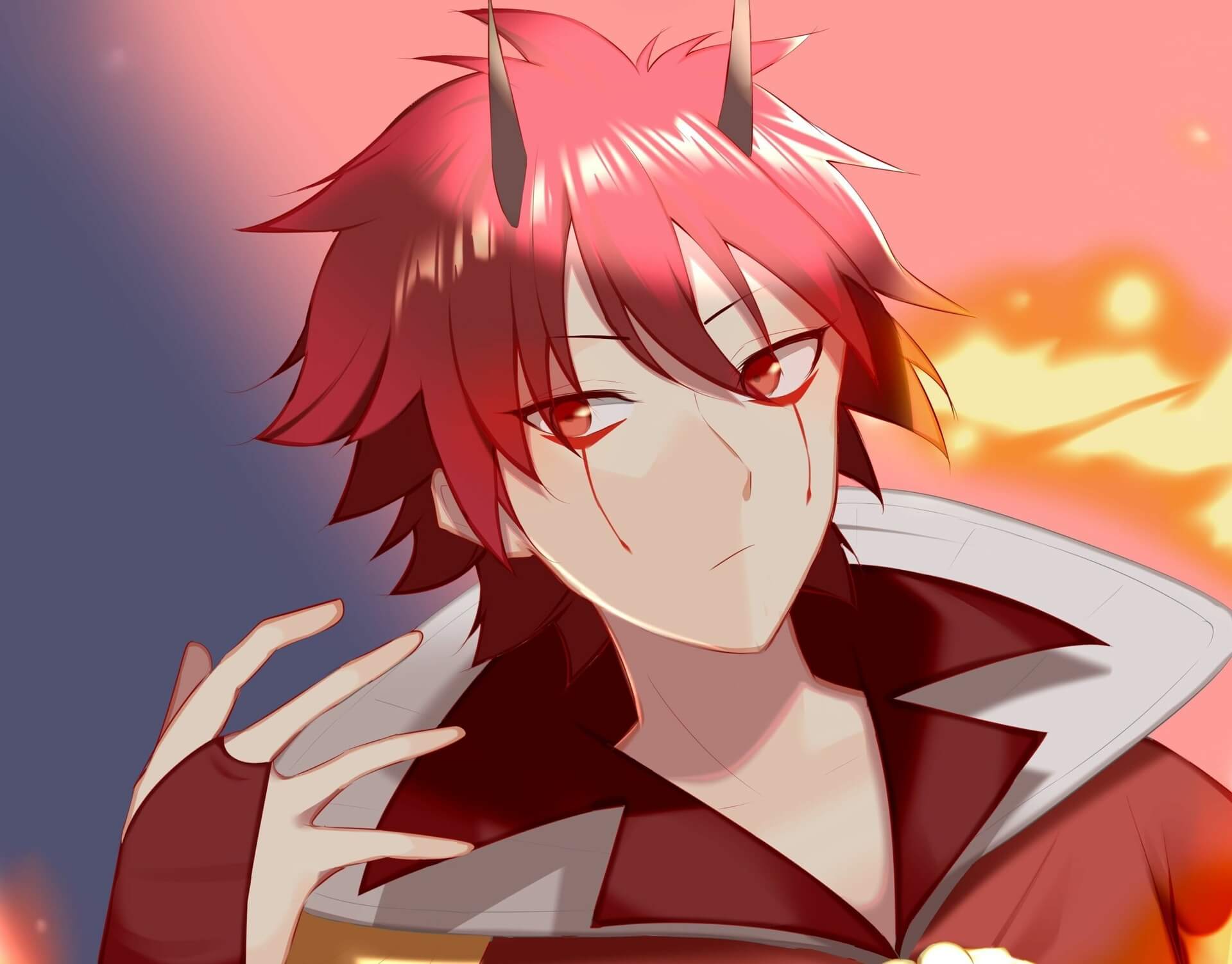 Red haired horned oni character with fire in the background anime wallpaper, 4K