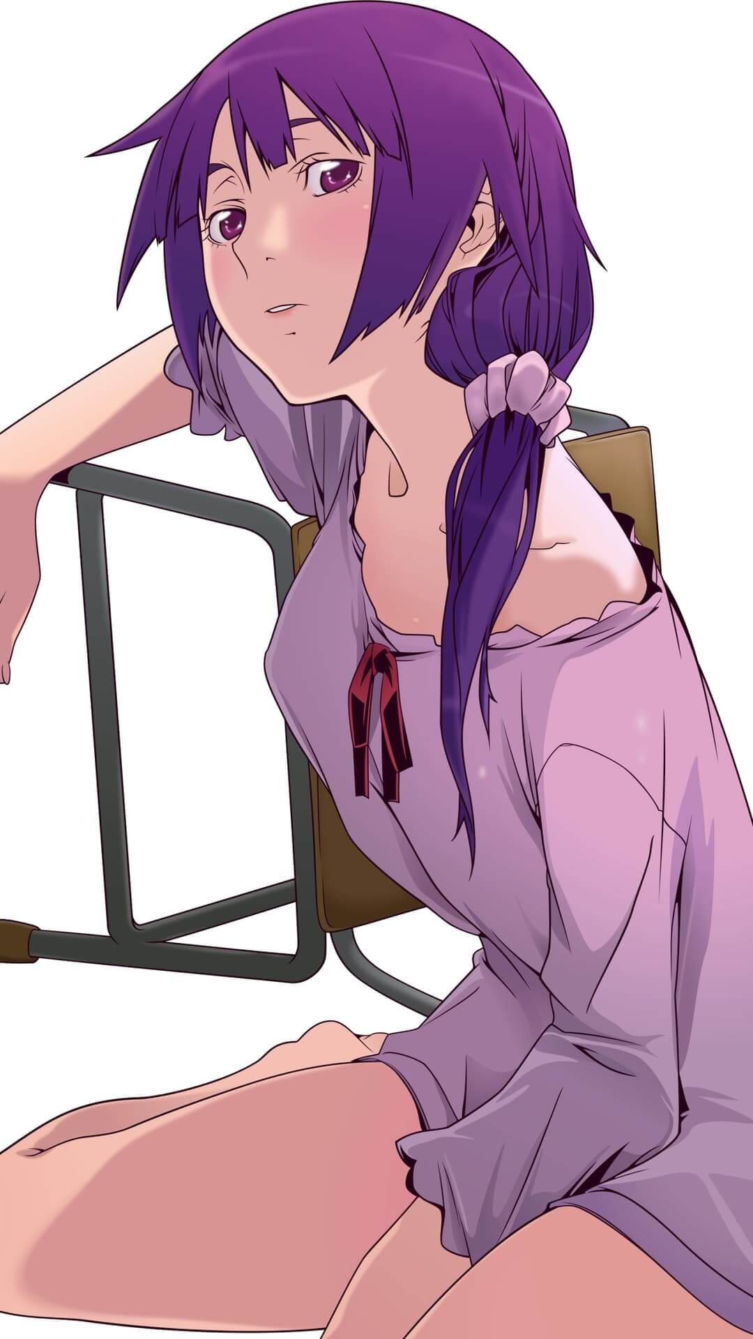 Relaxed girl with purple hair is sitting anime wallpaper, 4K