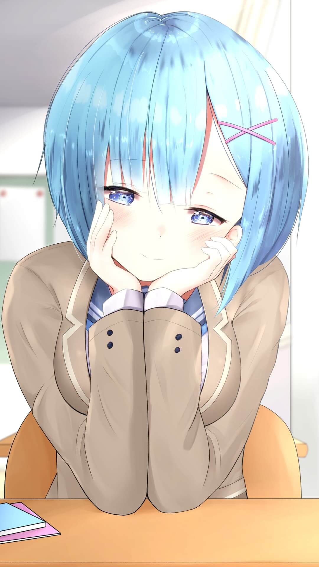 Rem, leaning on her hands, looking at someone. anime wallpaper, 4K