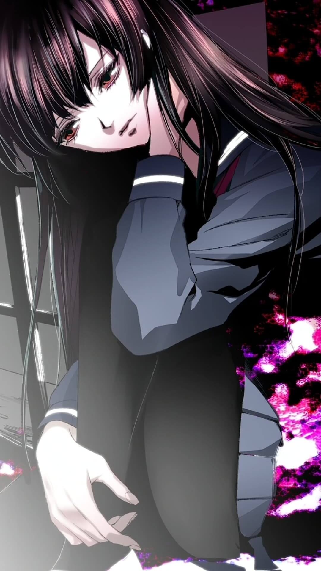 Sad anime girl with long dark hair anime wallpaper, 4K