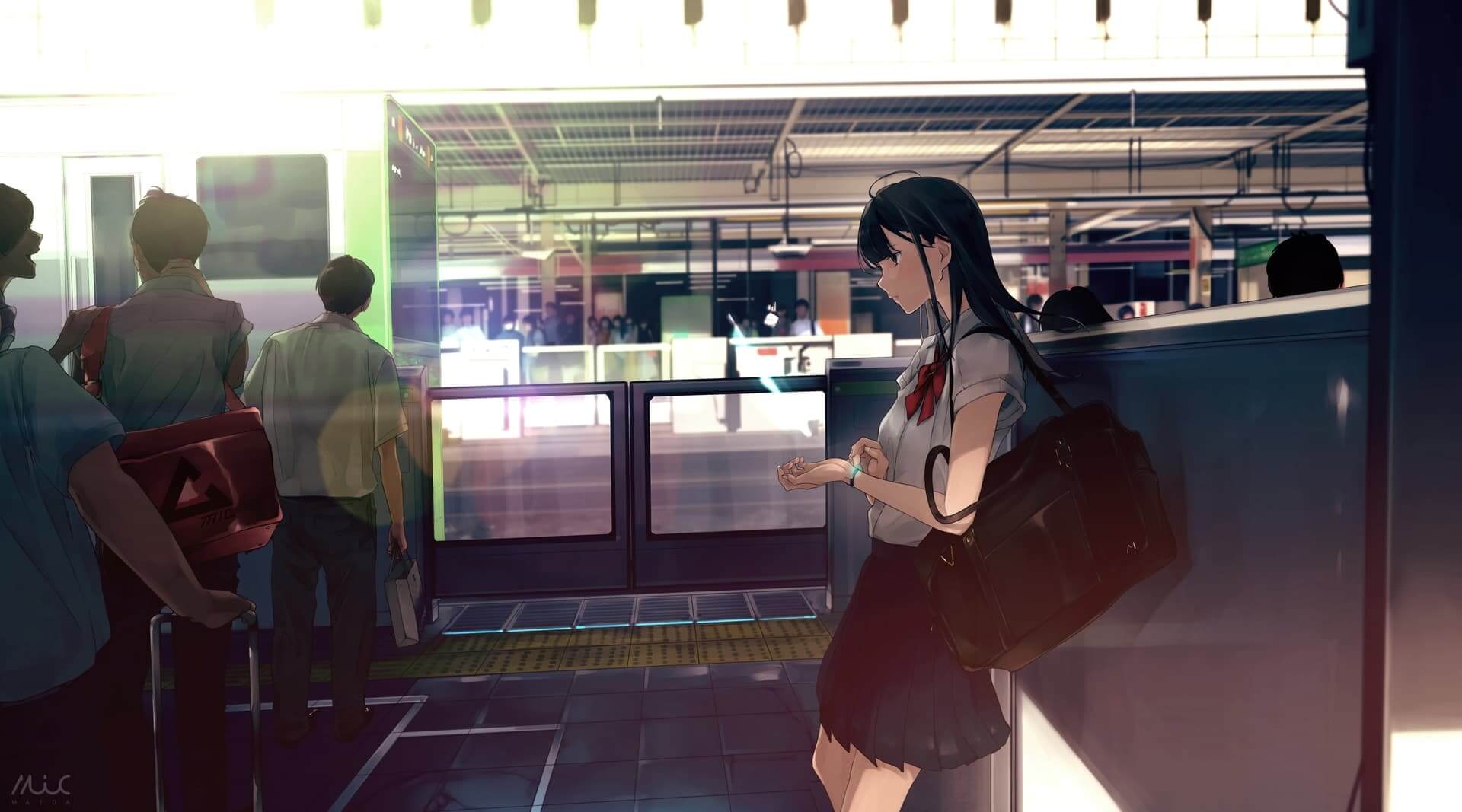 Schoolgirl stands at a train station, awaiting her transportation anime wallpaper, 4K