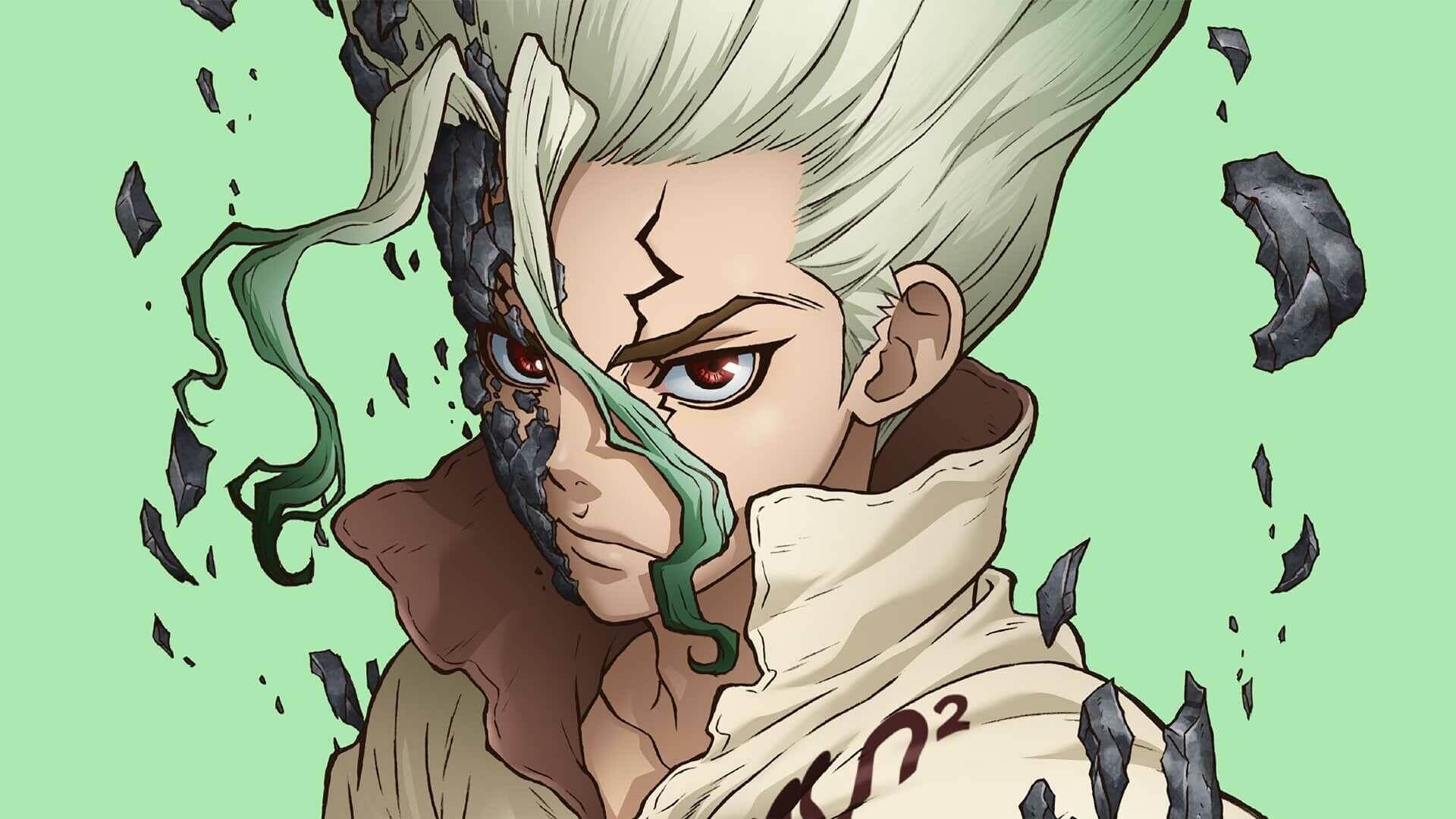 Senku Ishigami breaking out of petrification against a green background anime wallpaper, 4K