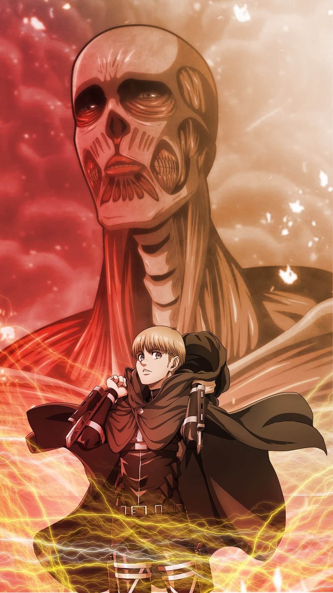 Shingeki no Kyojin character standing before Colossus Titan anime wallpaper, 4K