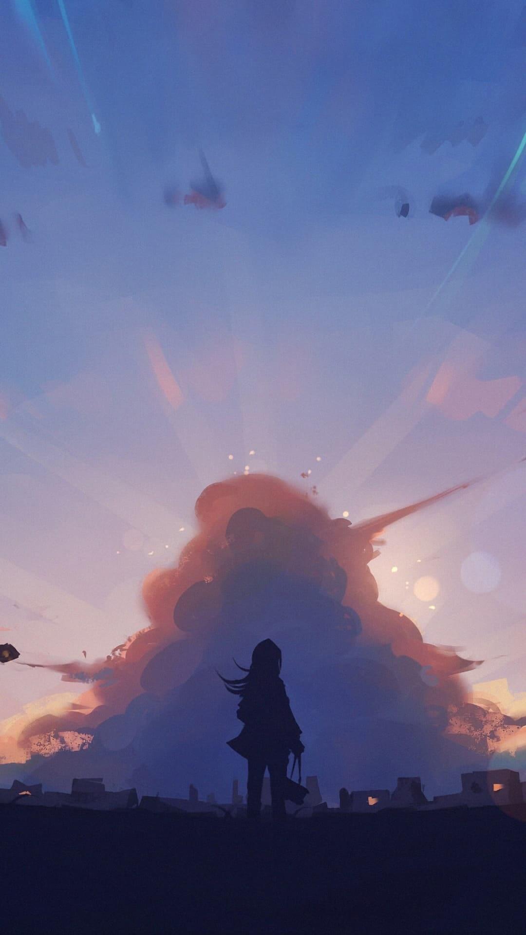 Silhouette of a girl against a sunset sky anime wallpaper, 4K