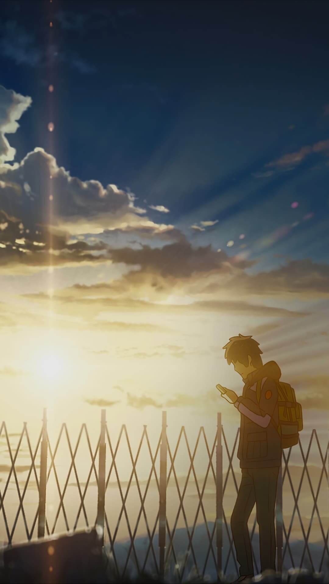 Silhouette of a person looking at a phone during sunset anime wallpaper, 4K