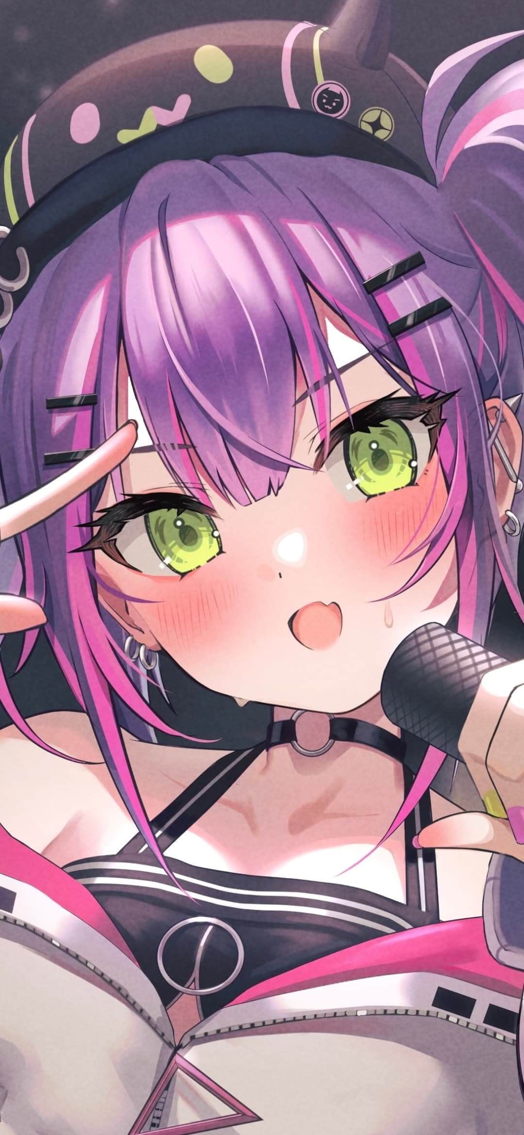 Singing character with purple hair and a microphone, cute face, and playful attitude anime wallpaper, 4K