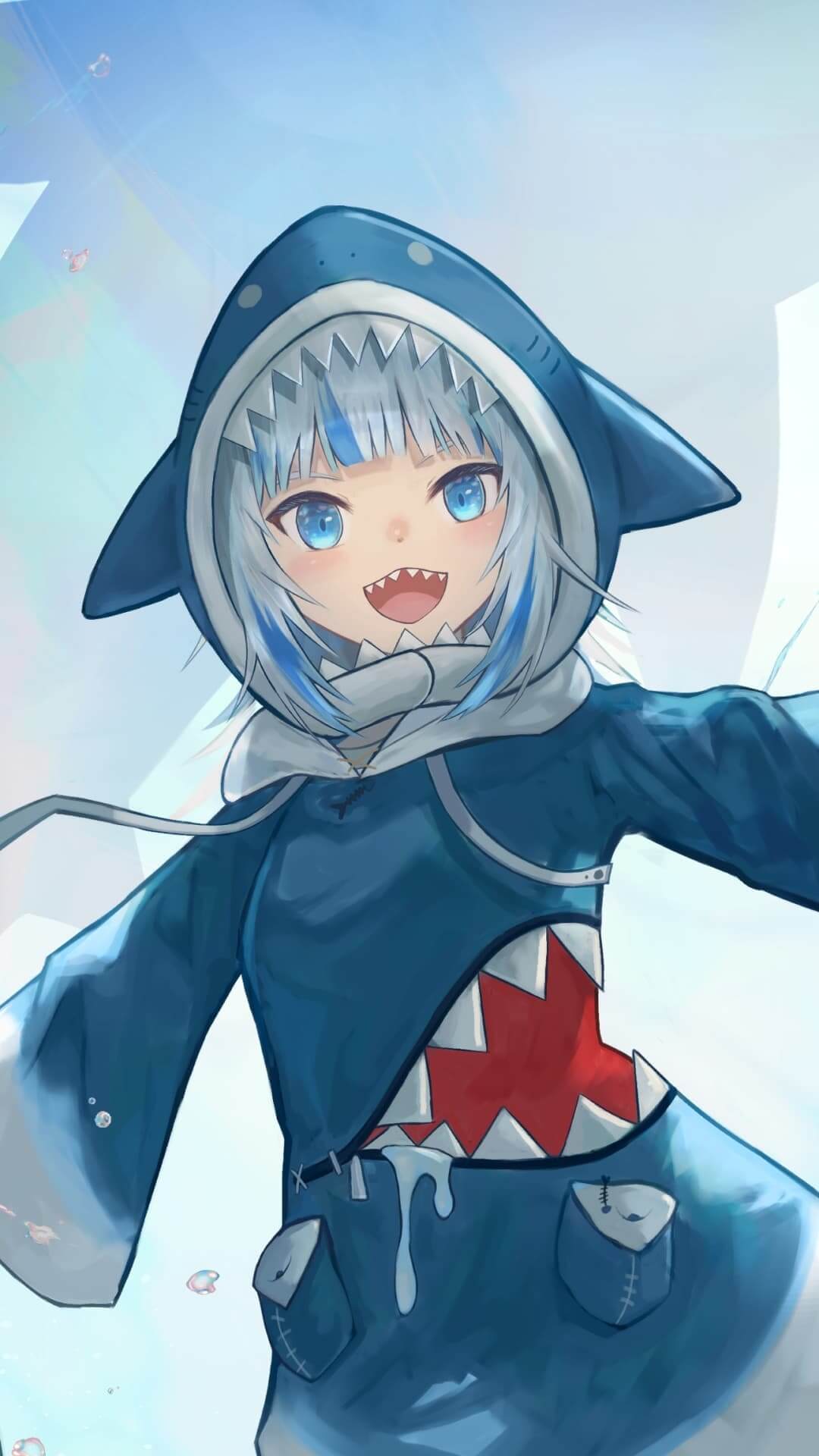 Smiling anime character wearing shark hoodie, with sharp teeth and striking blue eyes anime wallpaper, 4K