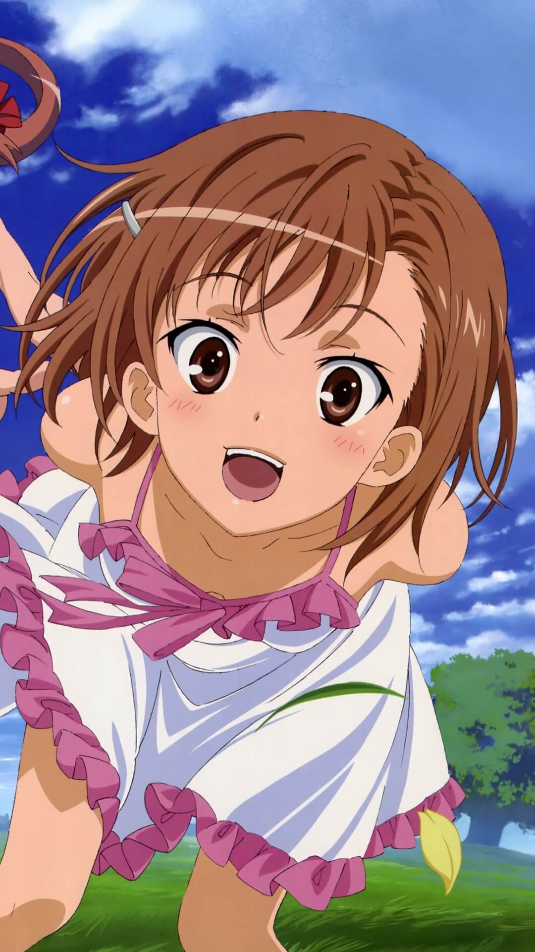 Smiling anime girl with light brown hair in a frilly white dress anime wallpaper, 4K