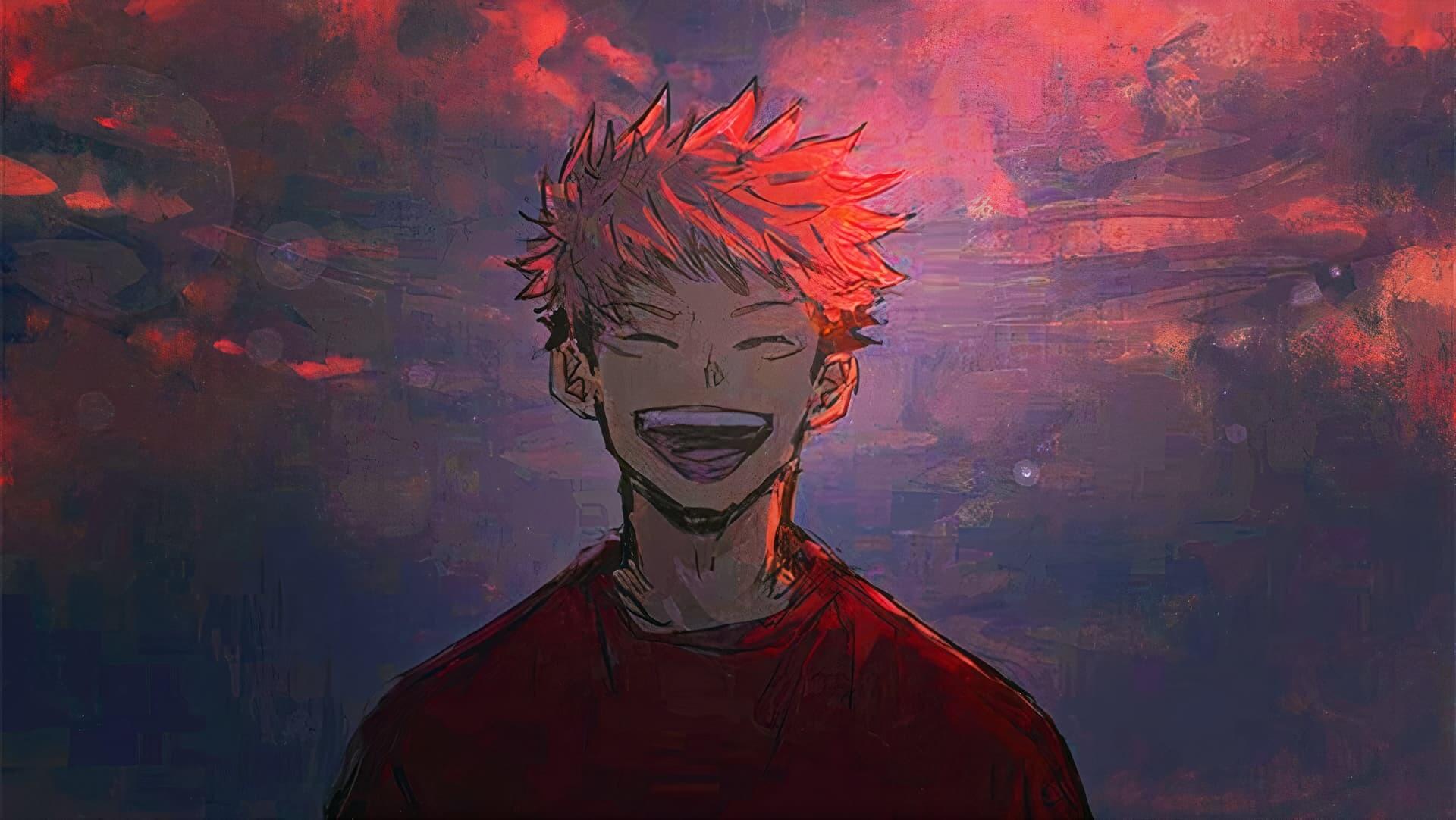 Smiling character art with red hair, set against dramatic red and purple background anime wallpaper, 4K