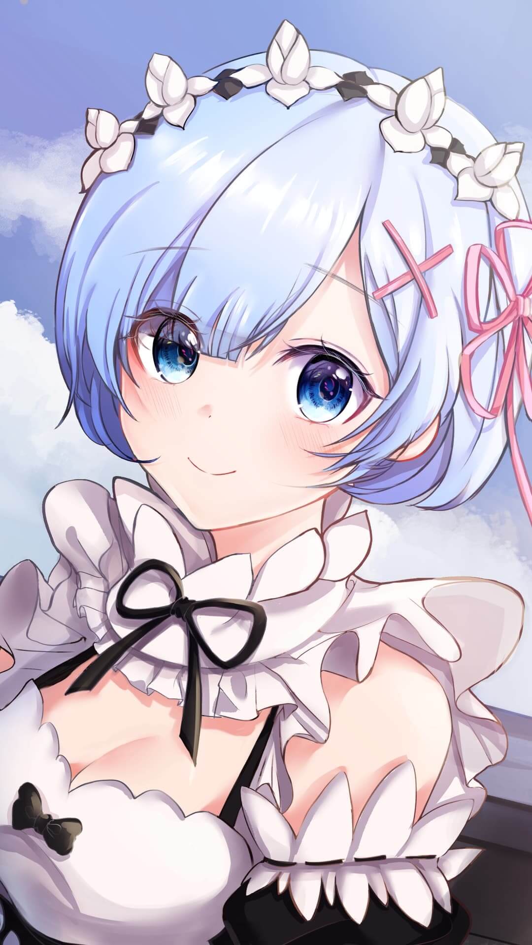 Smiling girl with blue hair and maid outfit anime wallpaper, 4K
