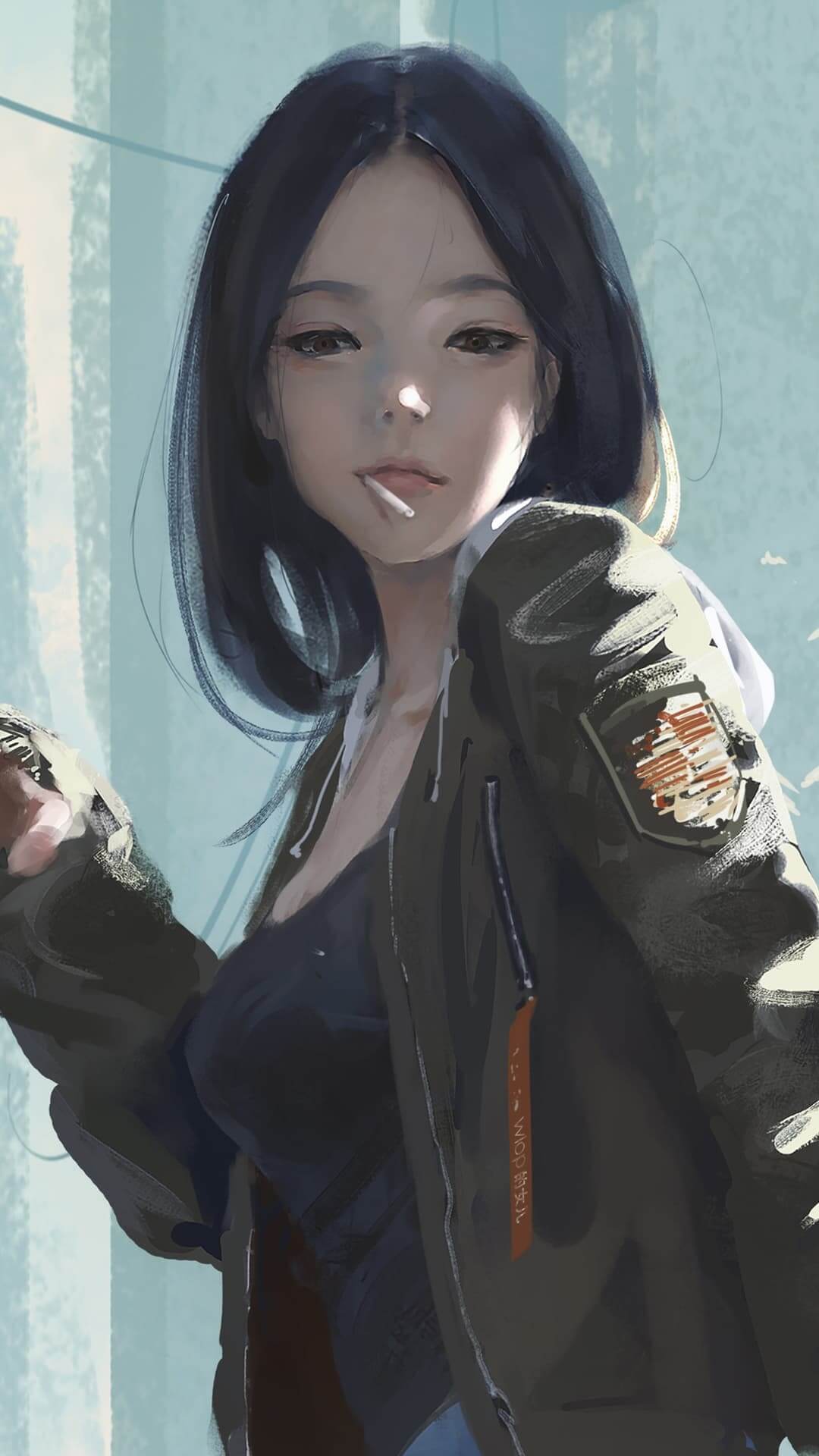 Smoking girl with a jacket, wearing a black top and jeans anime wallpaper, 4K