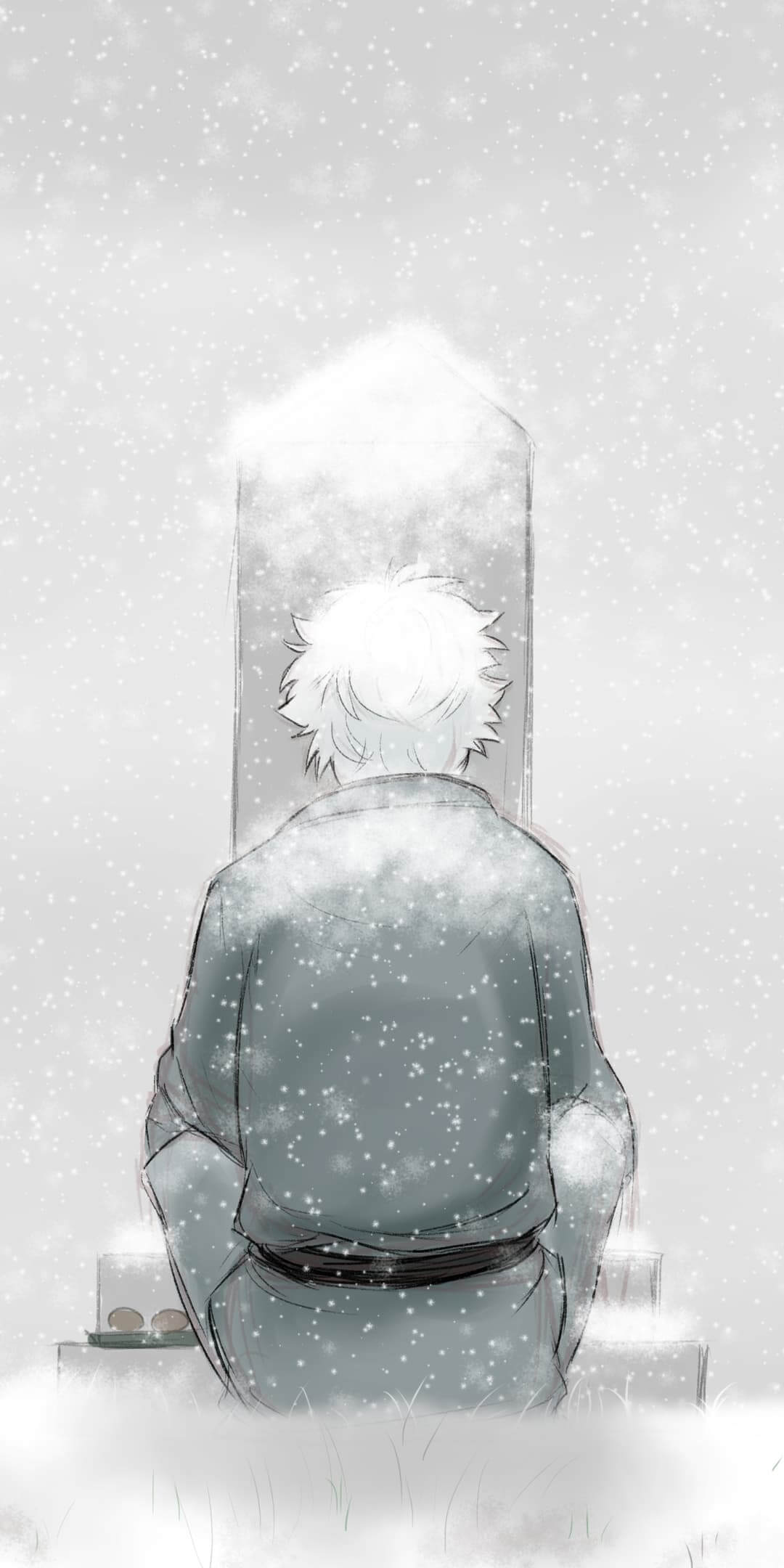 Snow falls on a lone figure at a gravesite anime wallpaper, 4K