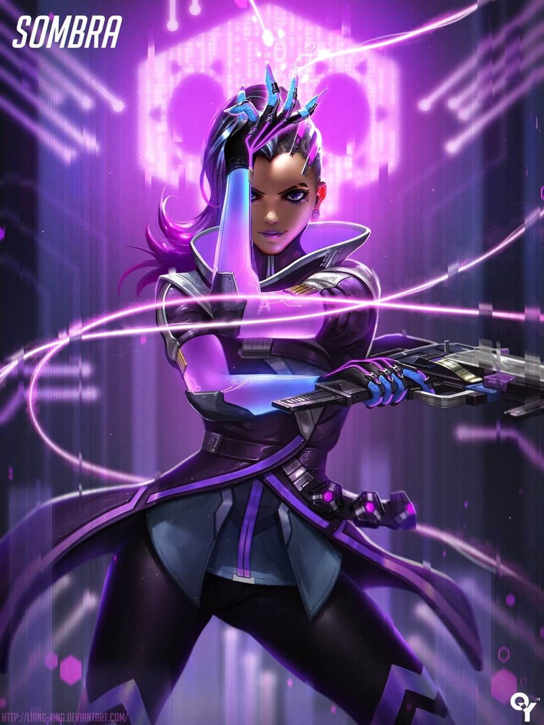 Sombra, Overwatch character art, purple and blue hues anime wallpaper, 4K