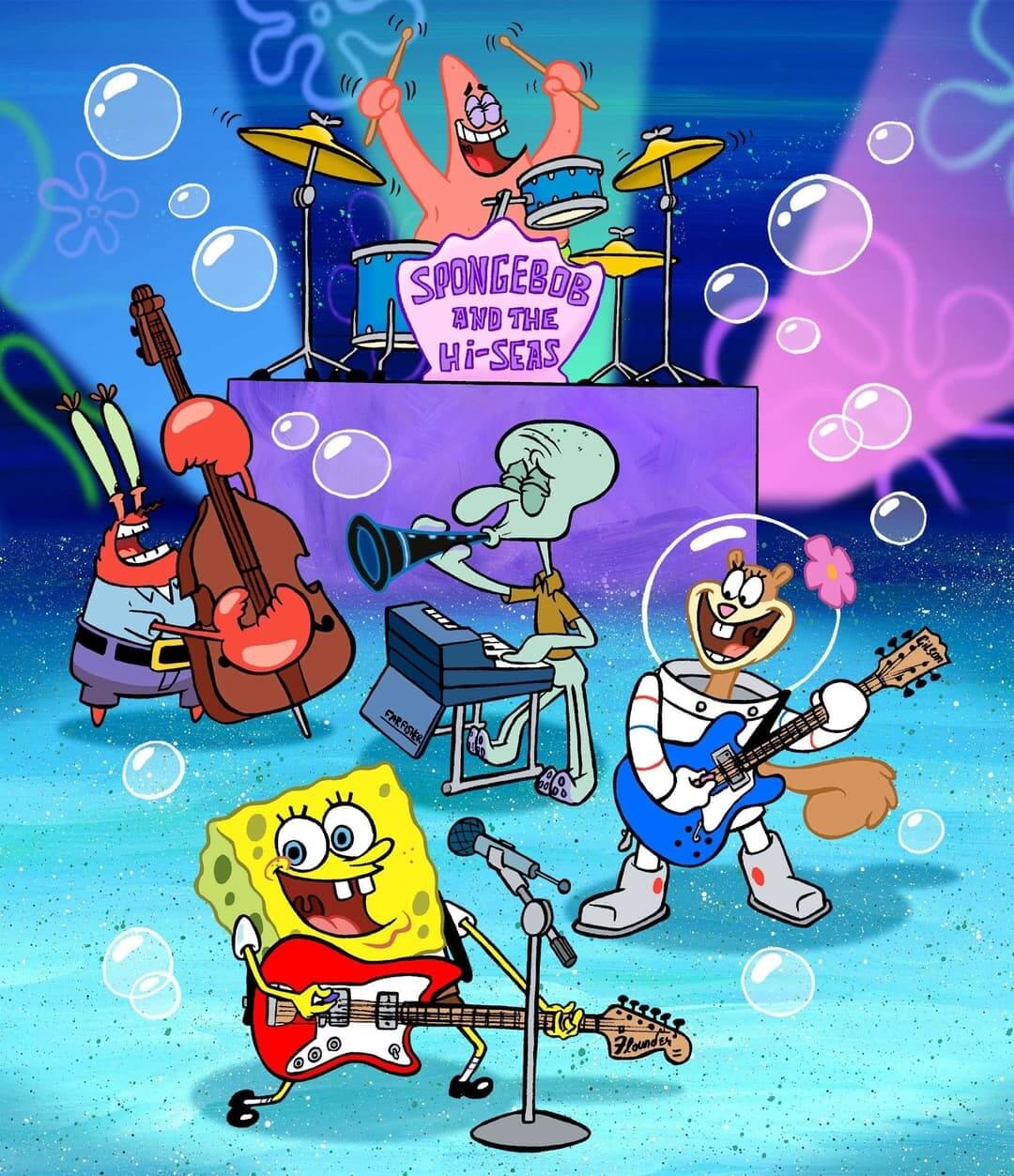 SpongeBob and the Hi-Seas band anime wallpaper, 4K