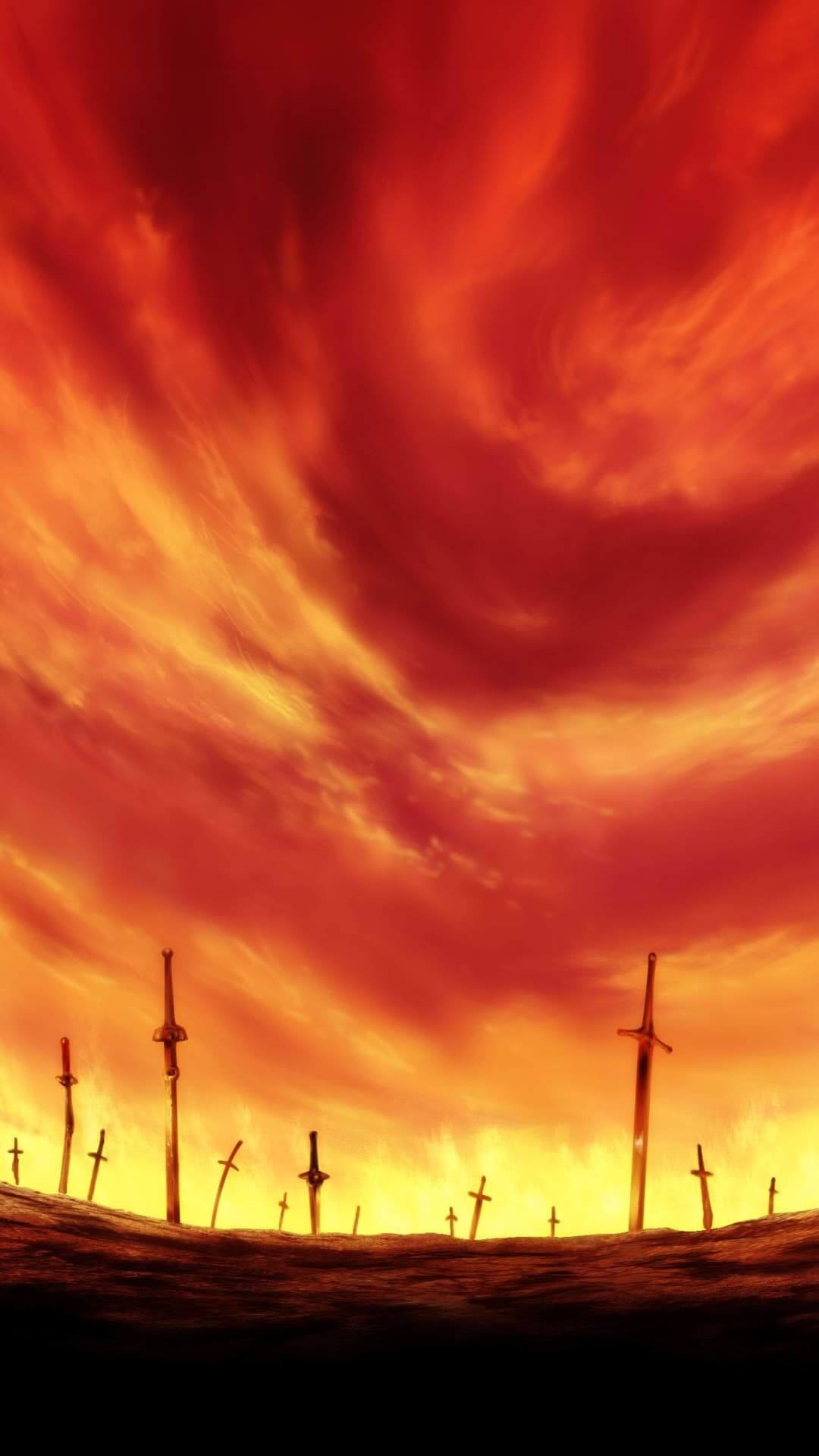 Sunset swords in fiery sky anime wallpaper, 4K