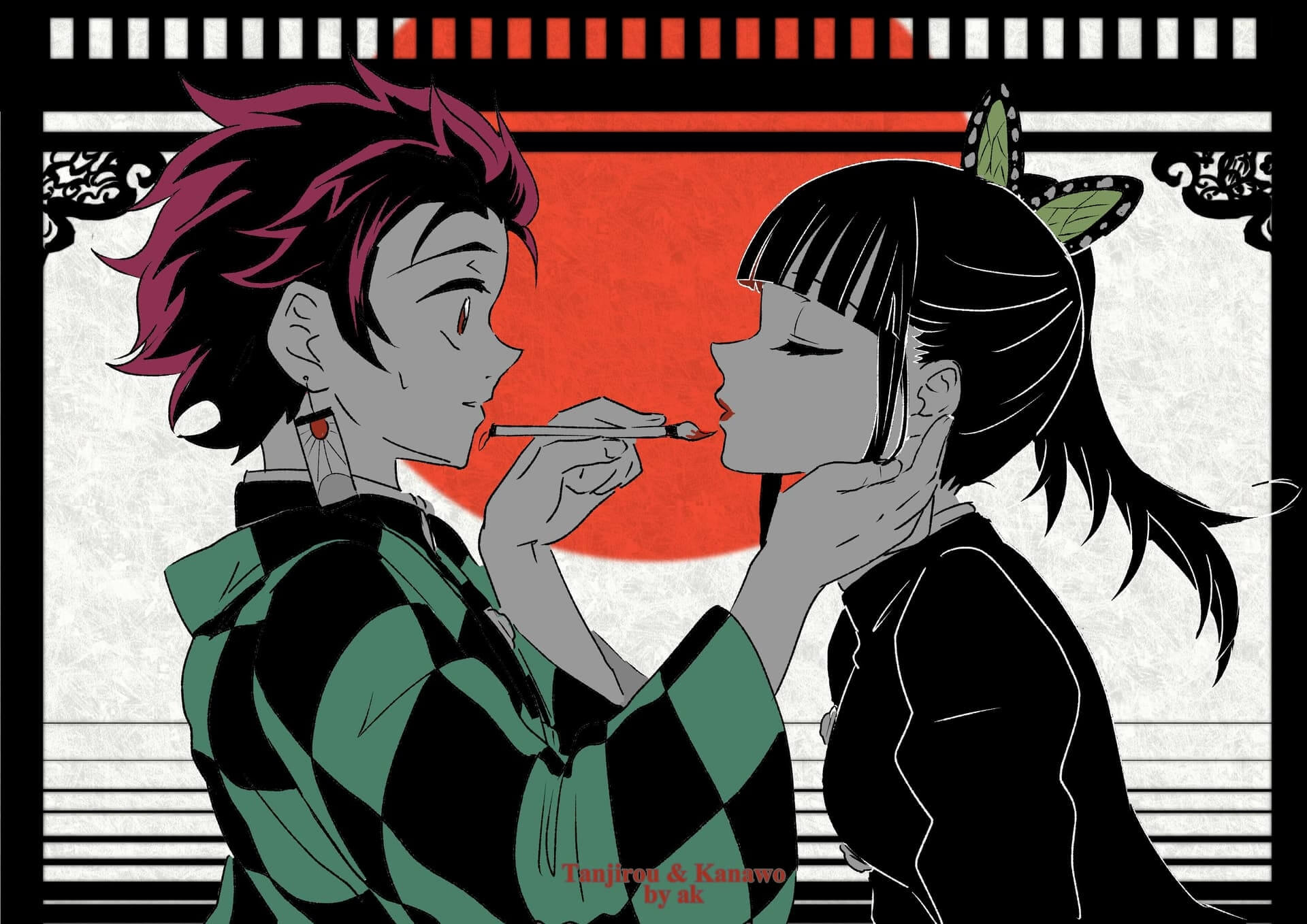Tanjiro painting Kanawos lips red anime wallpaper, 4K