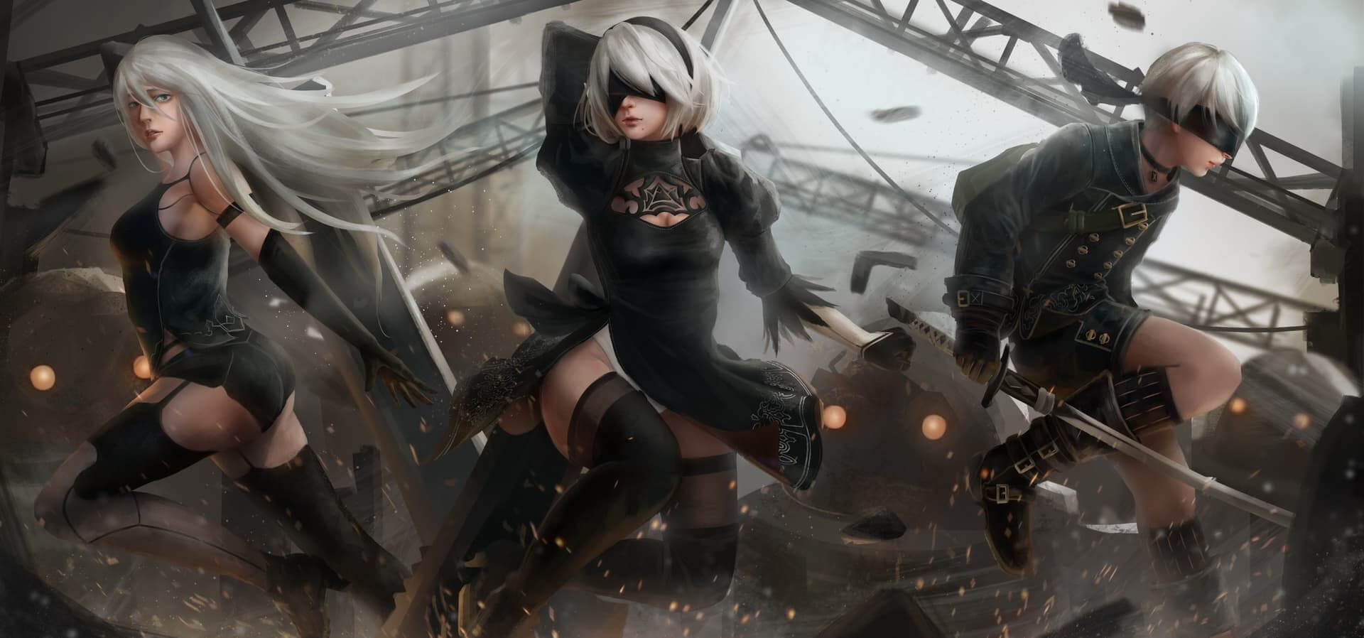 Three android girls in combat, futuristic setting anime wallpaper, 4K