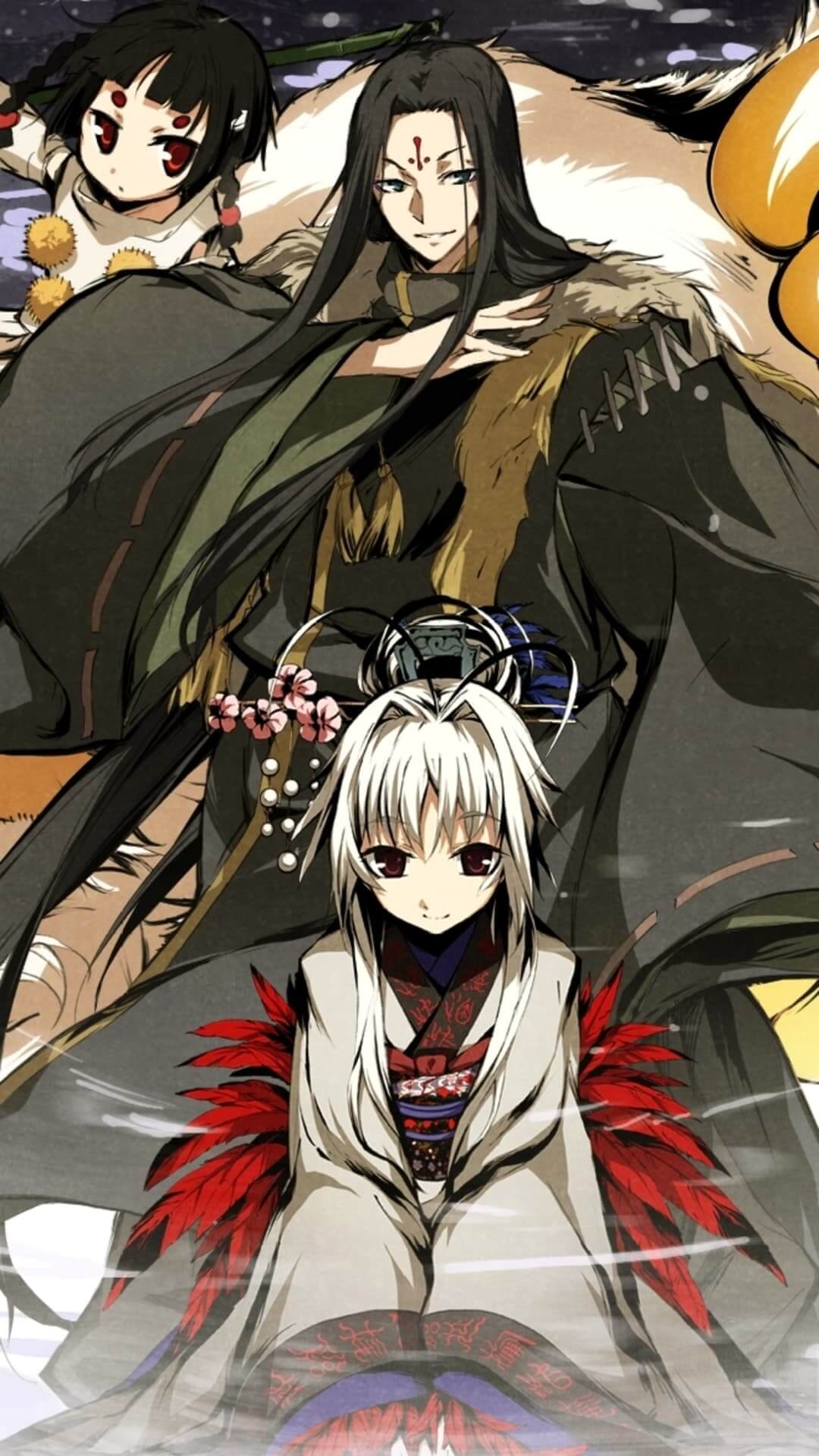 Three anime characters standing, dark garments, white hair, child with braided pigtails anime wallpaper, 4K