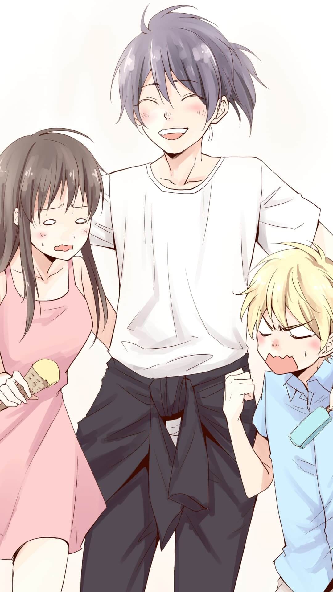 Three friends hanging out together anime wallpaper, 4K