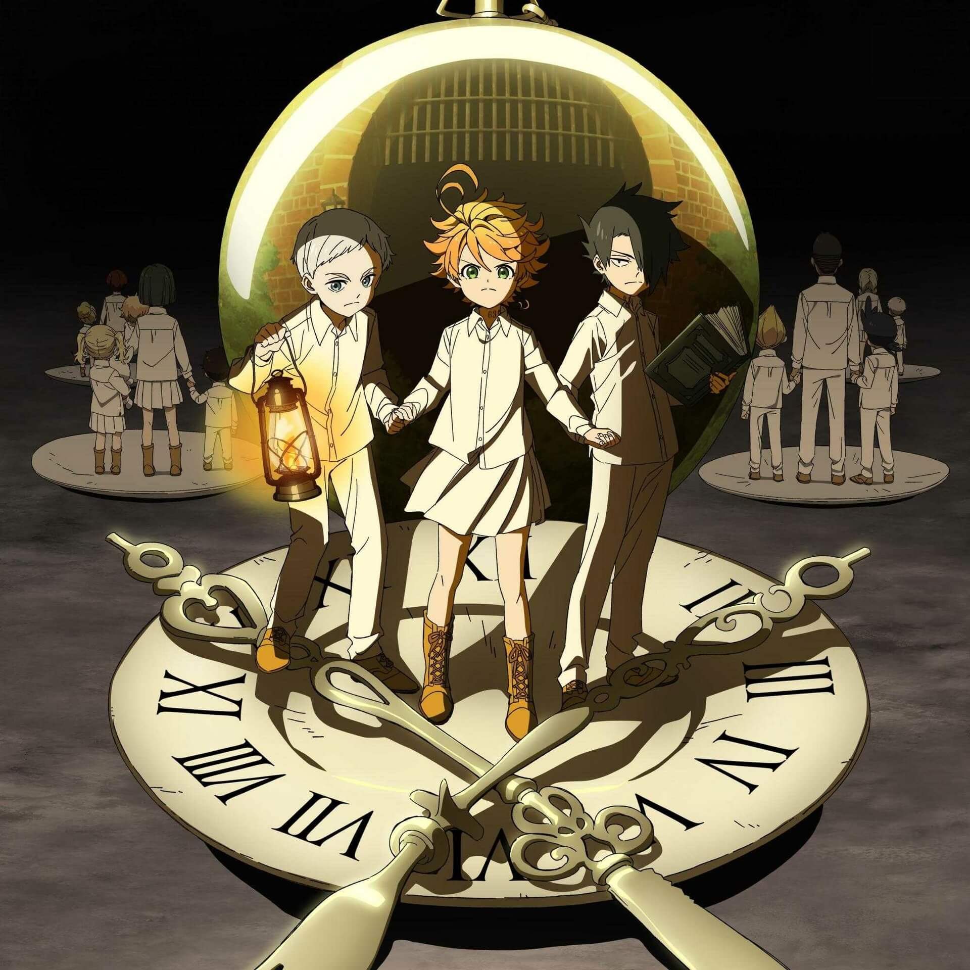 Three main characters holding hands, standing on a clock face anime wallpaper, 4K
