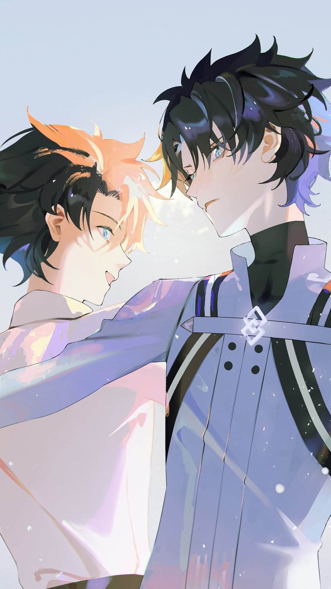 Two anime boys facing each other, one with black and orange hair anime wallpaper, 4K