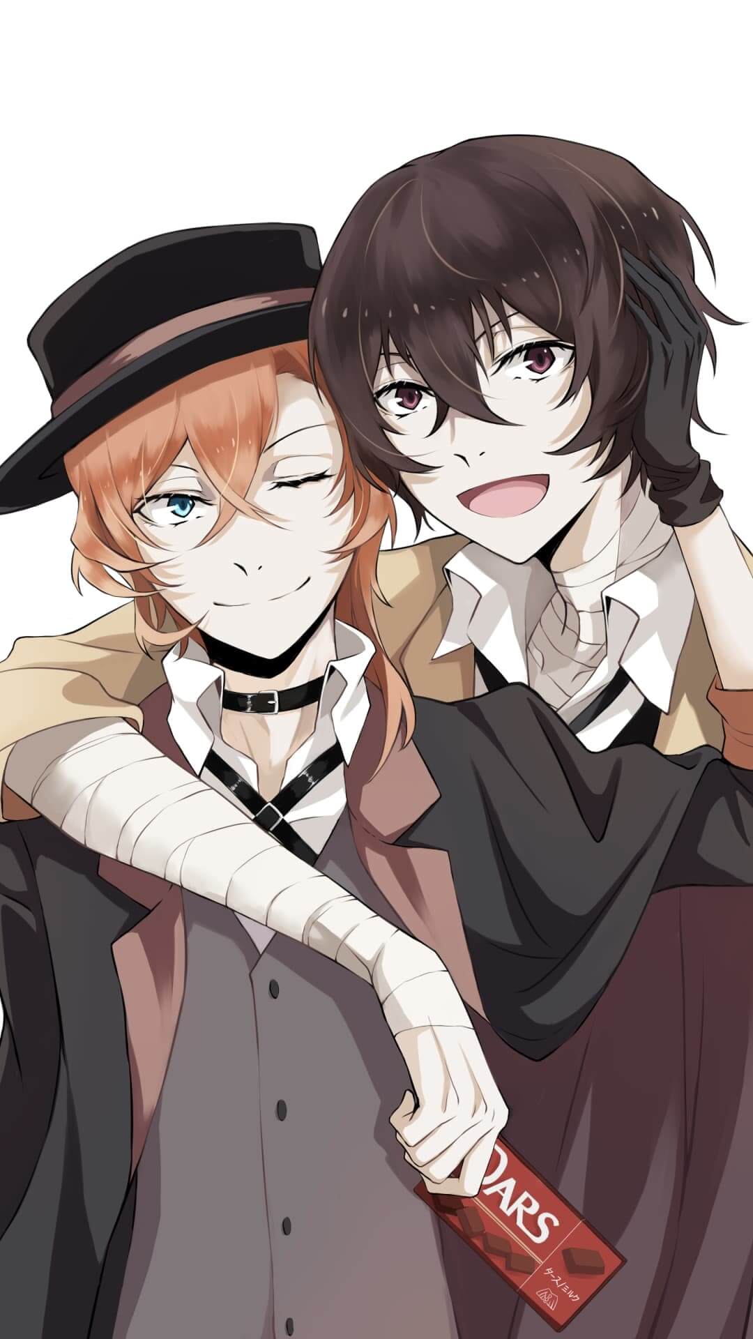 Two boys hugging each other, one holding a chocolate bar anime wallpaper, 4K