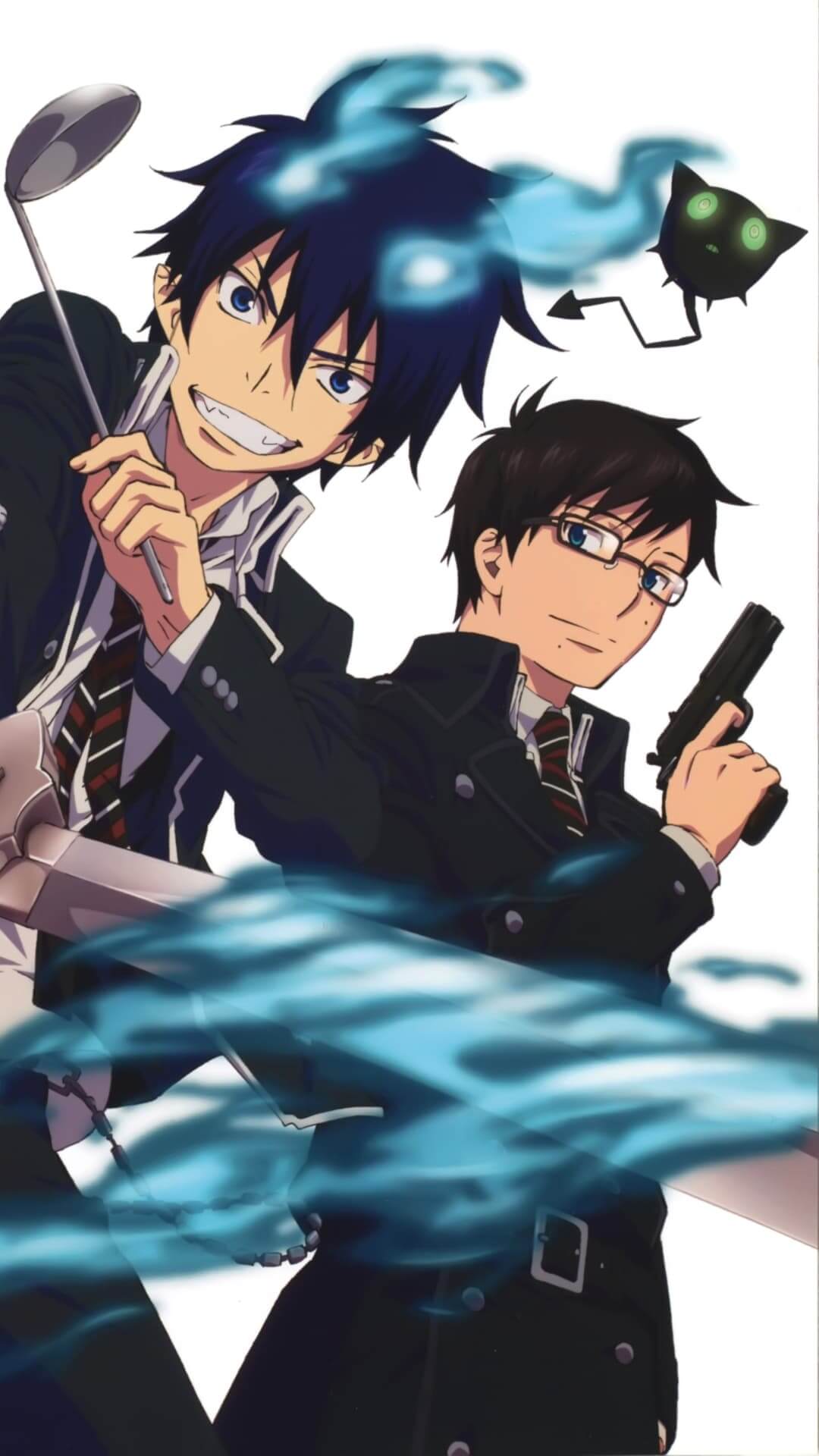 Two boys in dark suits, one wielding a ladle, the other a gun anime wallpaper, 4K