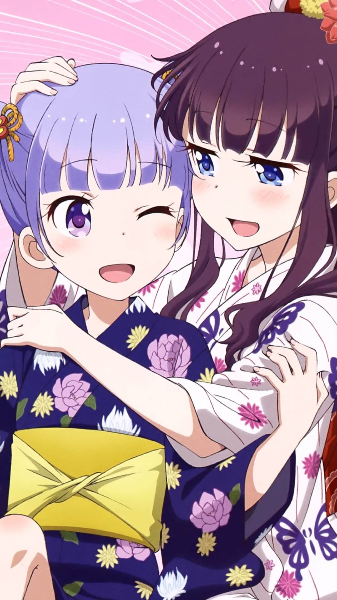 Two cute anime girls in yukatas smiling together cheerfully anime wallpaper, 4K