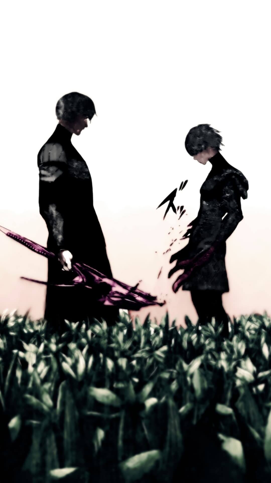 Two figures stand in a field, one wielding a weapon anime wallpaper, 4K