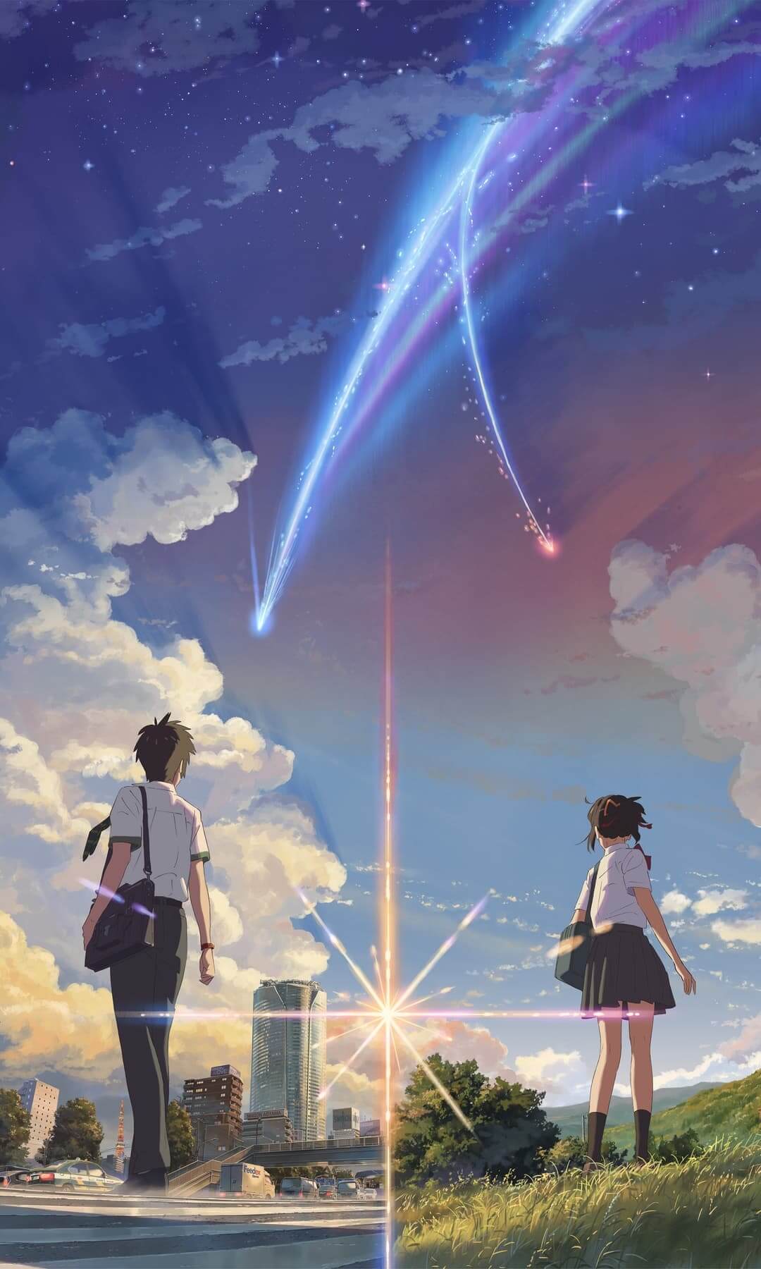 Two figures standing back to back, watching a comet streak across the sky anime wallpaper, 4K