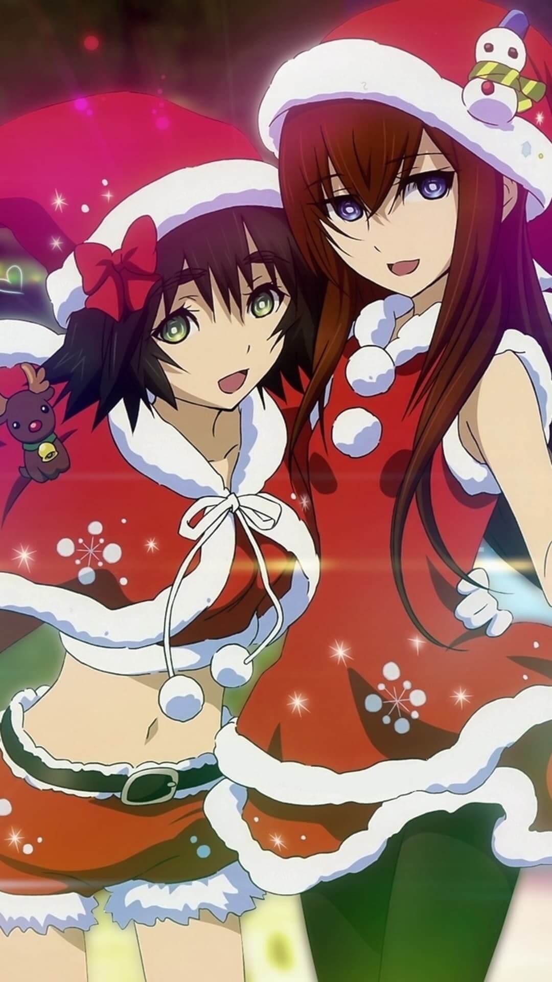 Two girls in Santa outfits, Christmas atmosphere anime wallpaper, 4K