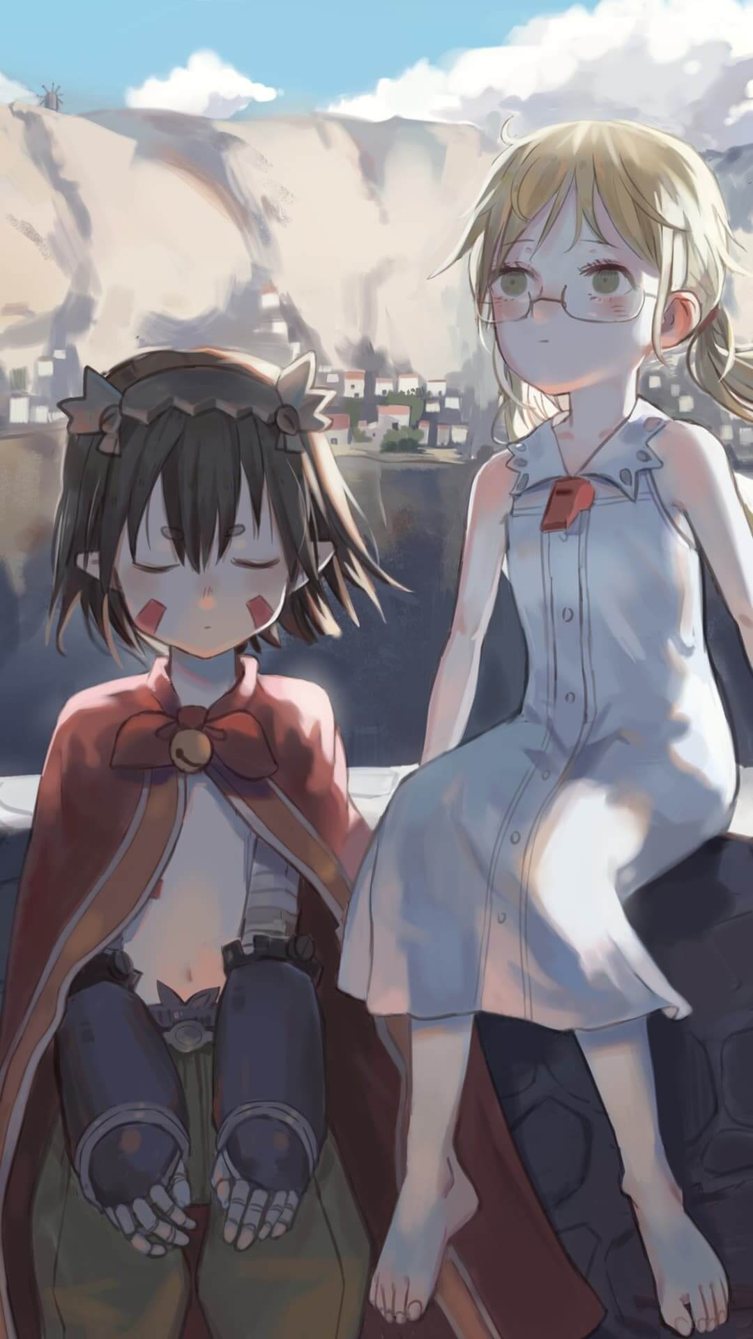 Two girls sitting on a wall overlooking a town anime wallpaper, 4K