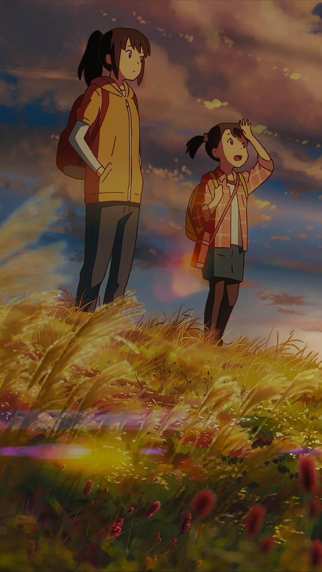 Two girls stand in a field, gazing at a sunset anime wallpaper, 4K