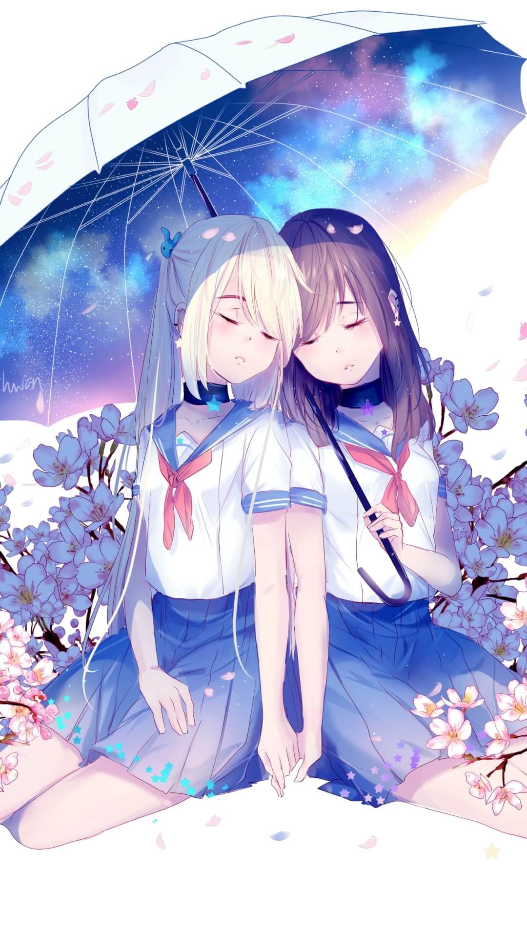 Two girls under a starry umbrella anime wallpaper, 4K