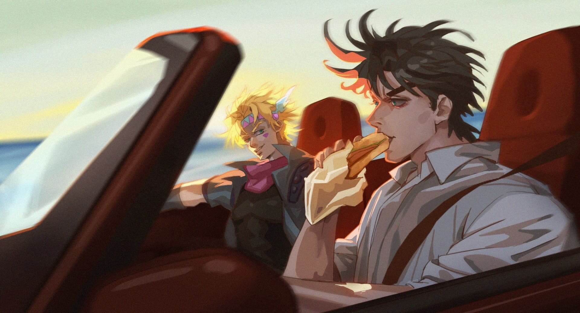 Two men in a convertible eating sandwiches anime wallpaper, 4K