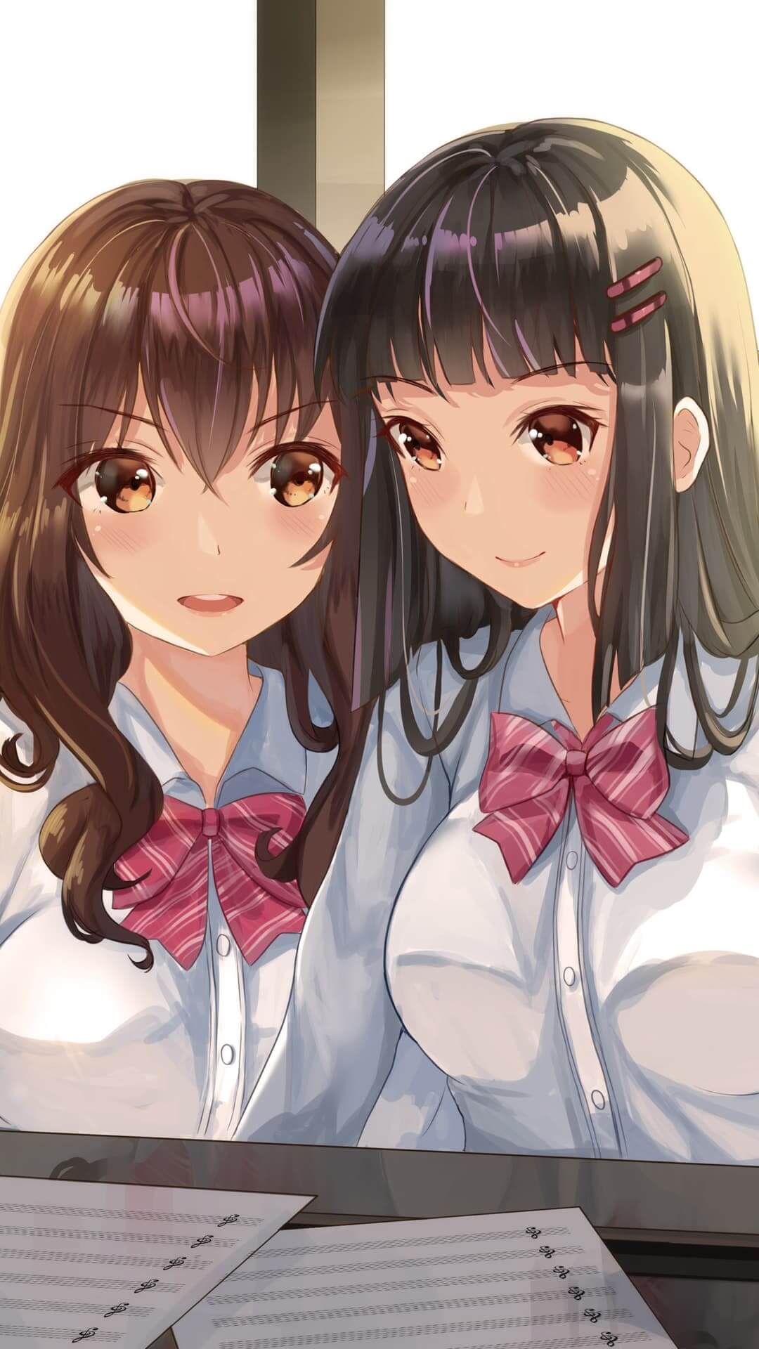 Two schoolgirls looking at sheet music anime wallpaper, 4K