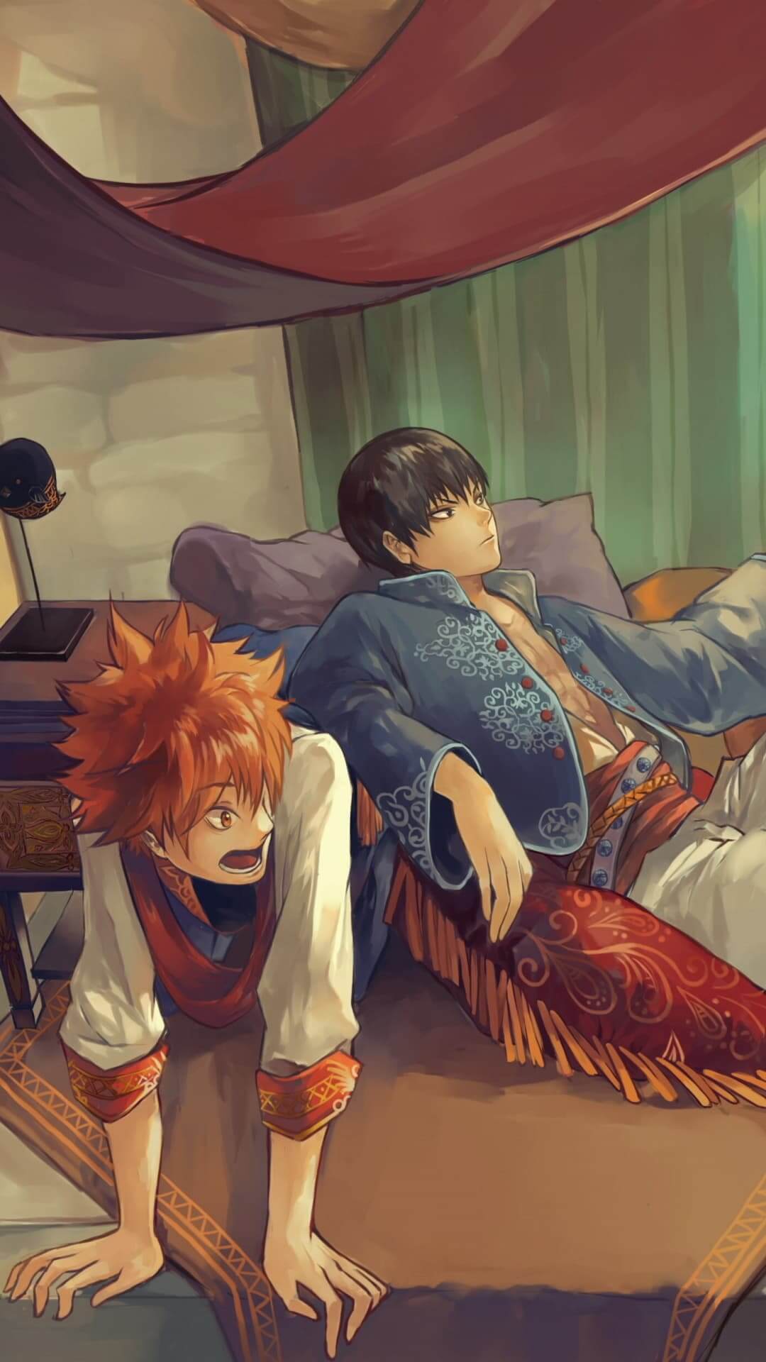 Two young men relaxing on a divan anime wallpaper, 4K