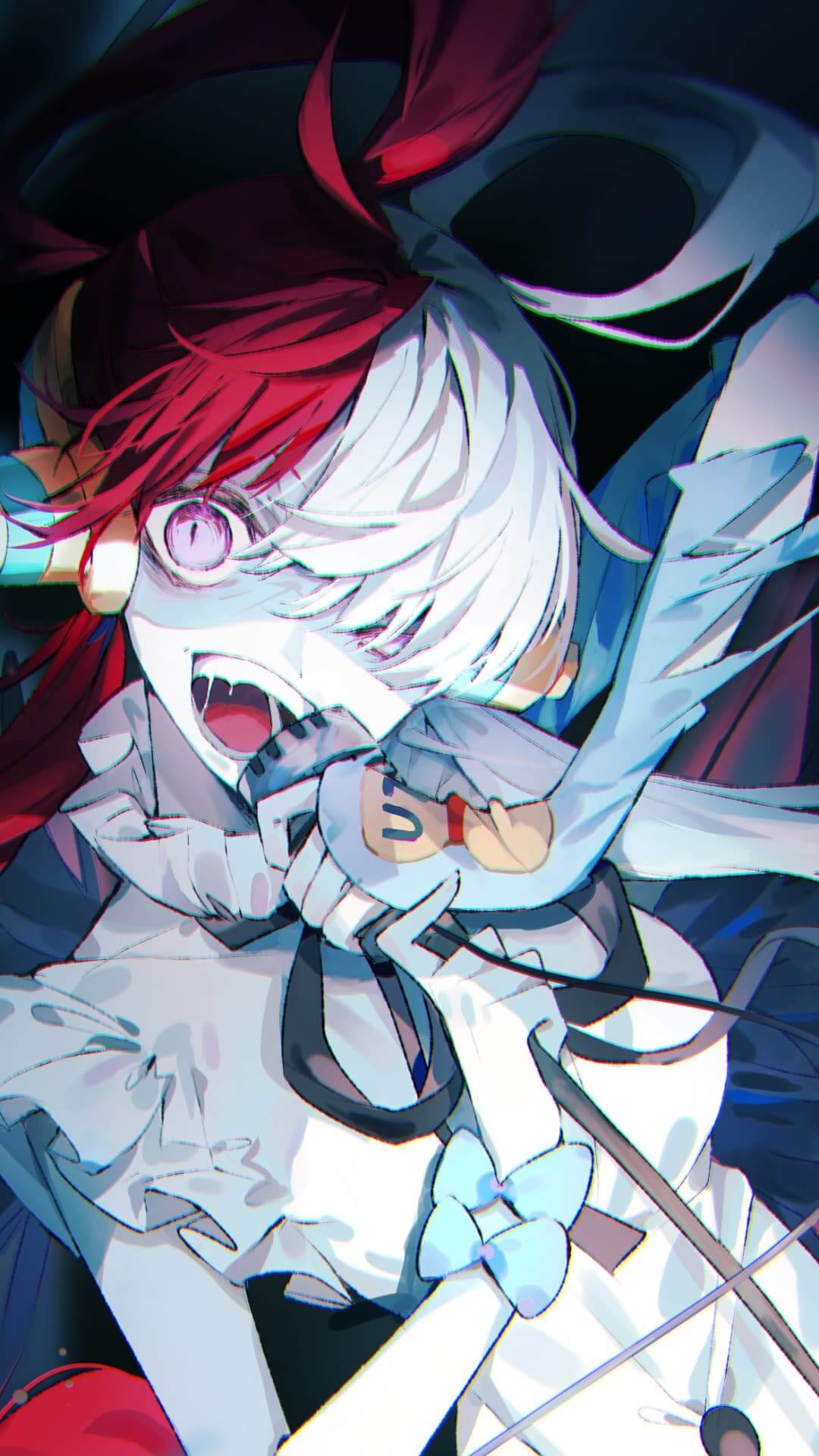 Uta, a split-haired young woman, is displaying an unsettling grin anime wallpaper, 4K