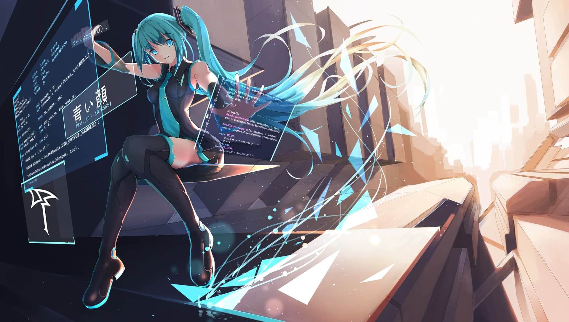 Vocaloid girl coding in a futuristic city anime wallpaper, 4K