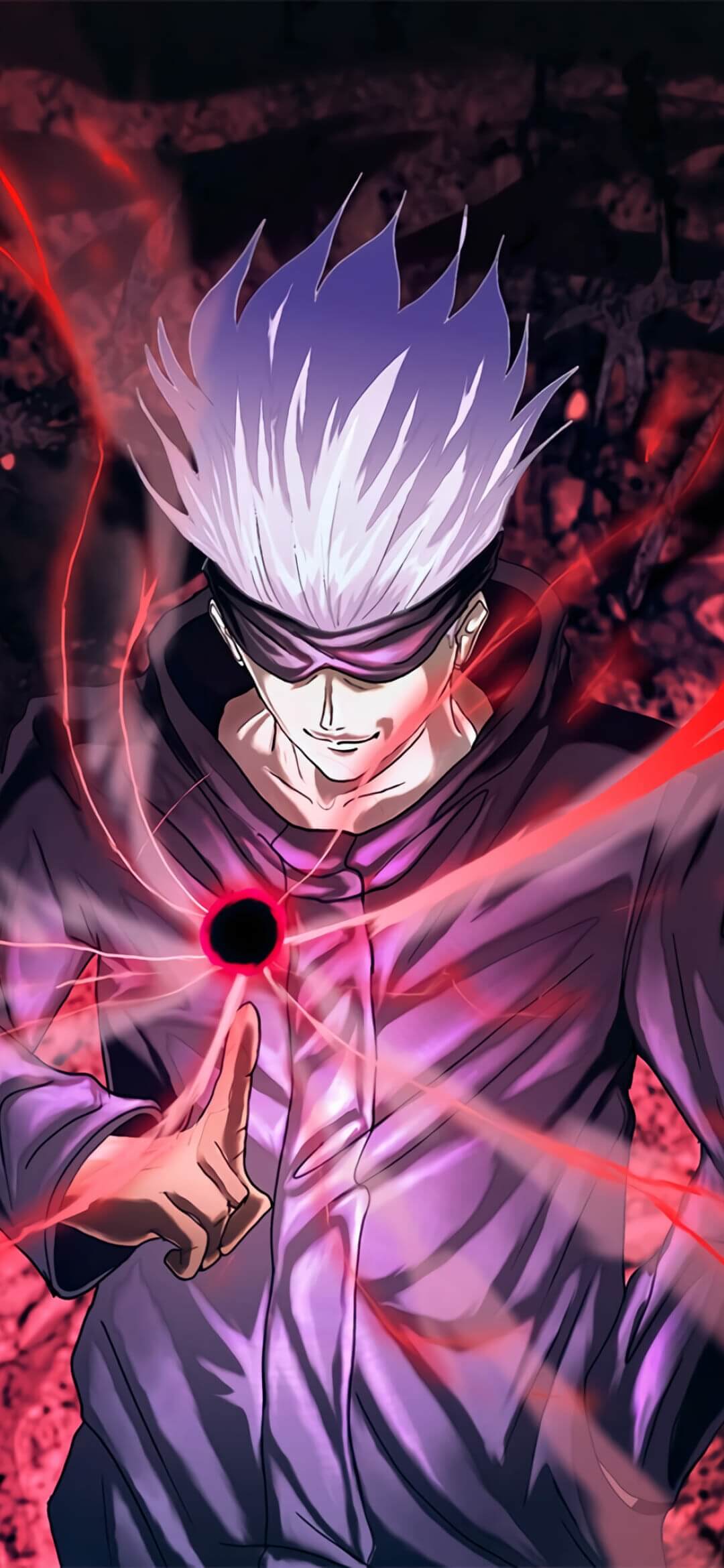 White hair and blindfold with intense red cursed energy manifestation anime wallpaper, 4K