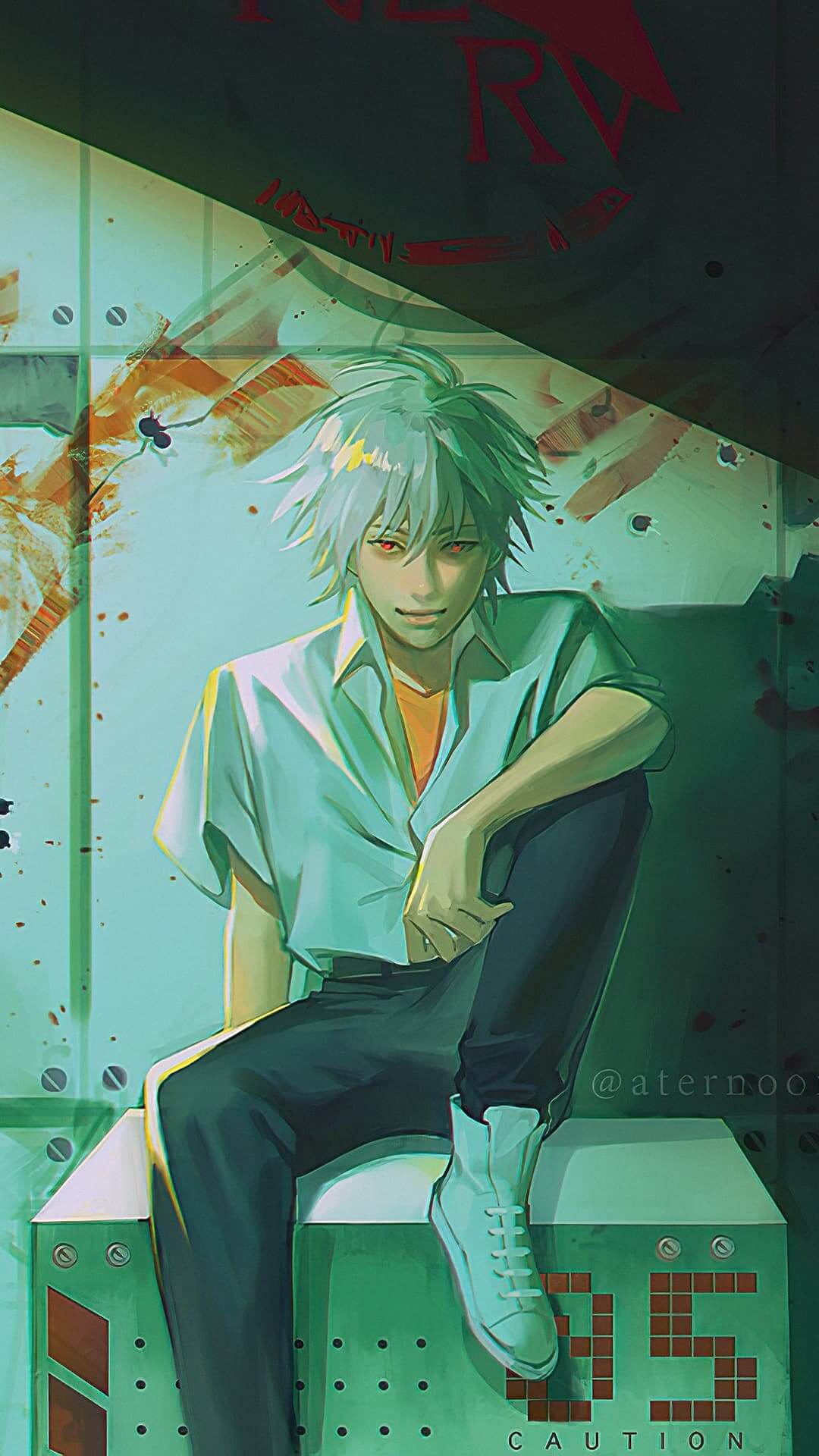 White-haired character Kaworu Nagisa sitting pensively in a surreal scene. anime wallpaper, 4K