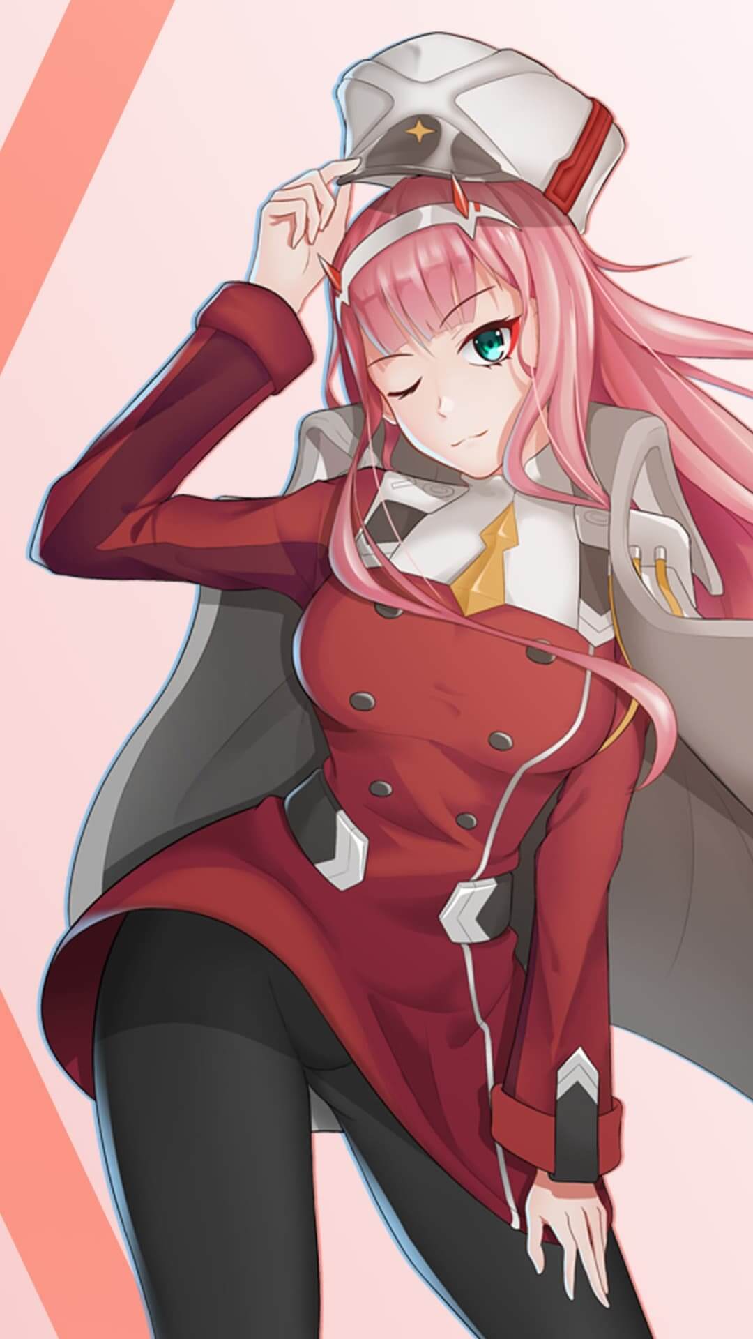 Winking Zero Two with pink hair and white hat anime wallpaper, 4K