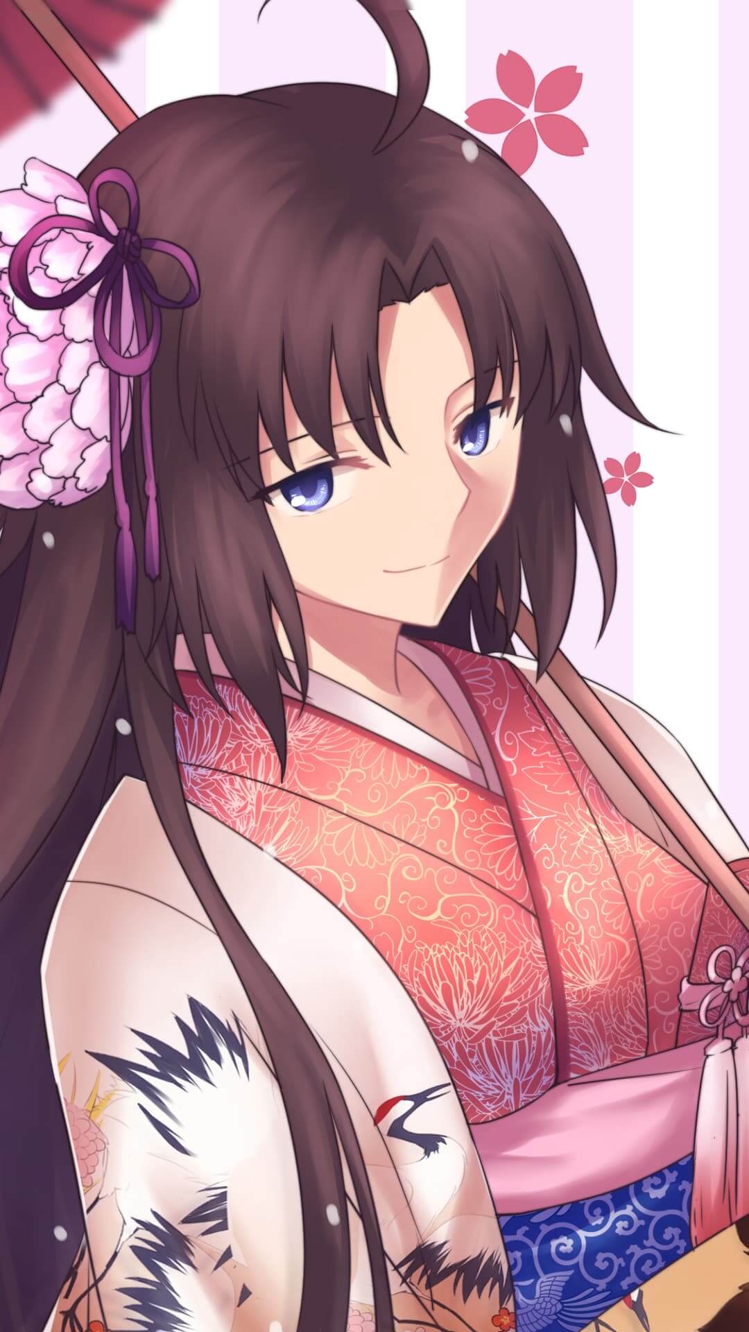Woman with Japanese style, kimono, and flower accessory anime wallpaper, 4K