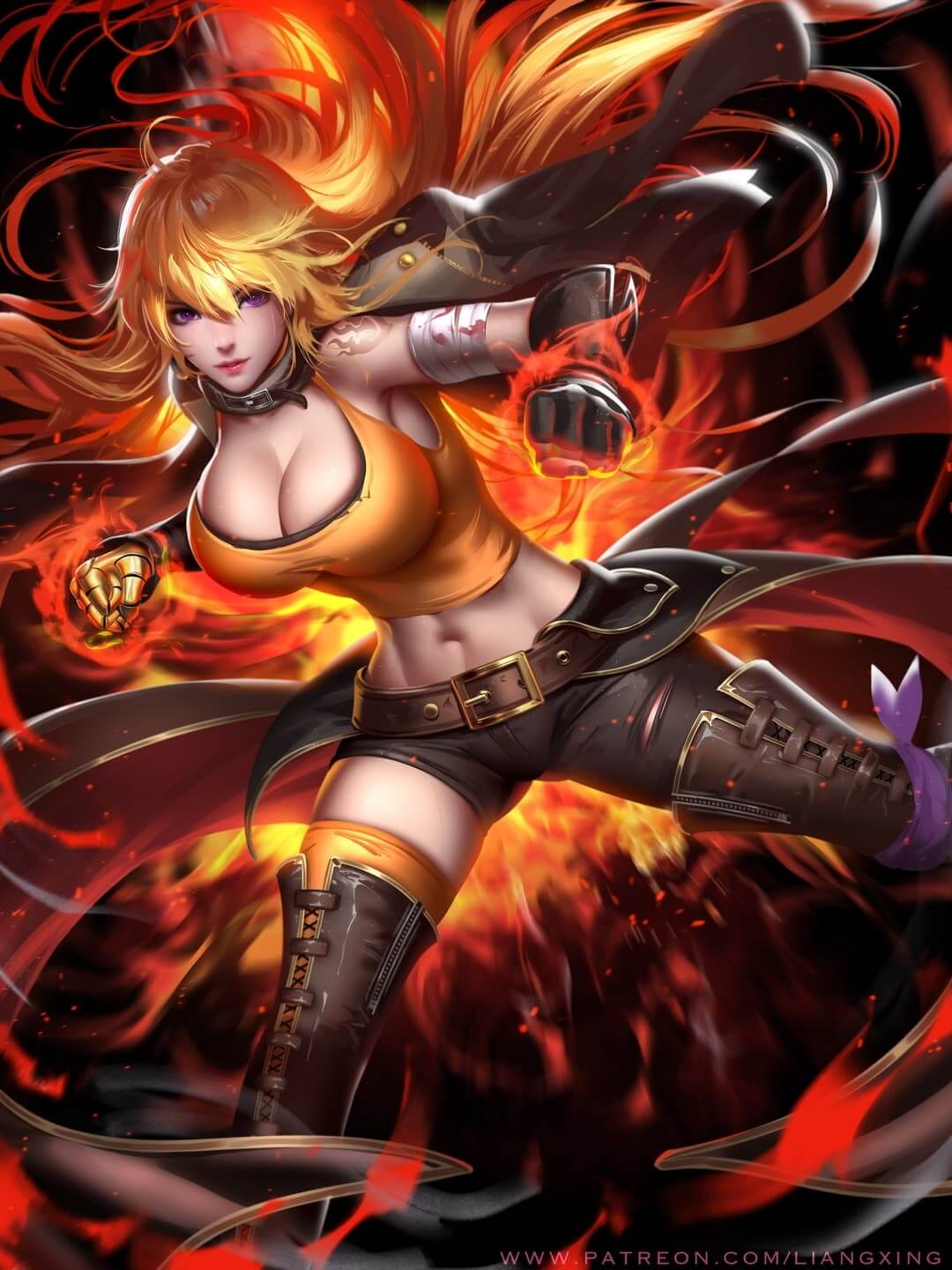Yang Xiao Long in action, fiery aura, dynamic pose anime wallpaper, 4K