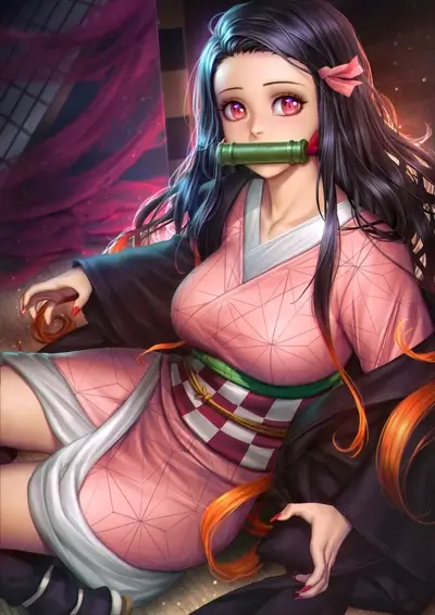 A beautiful girl with long hair, wearing a pink kimono