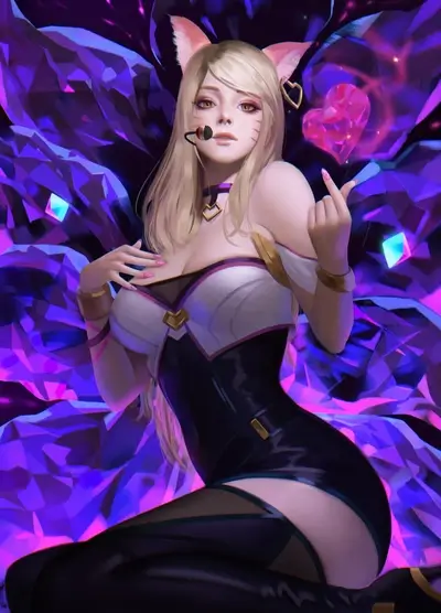 A beautiful woman with cat ears, in a dark purple setting