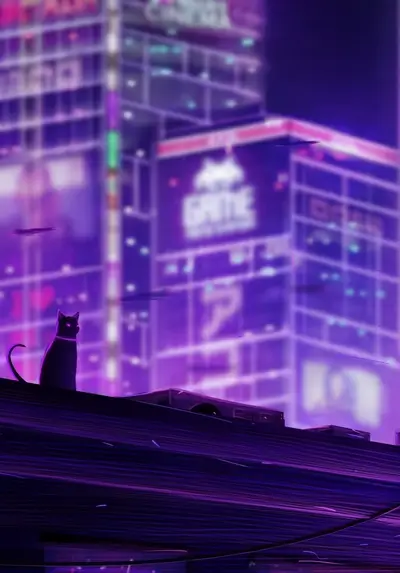 A black cat sits on a rooftop overlooking a vibrant purple cityscape