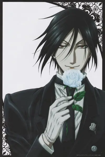 A black-haired man in a suit holds a white rose