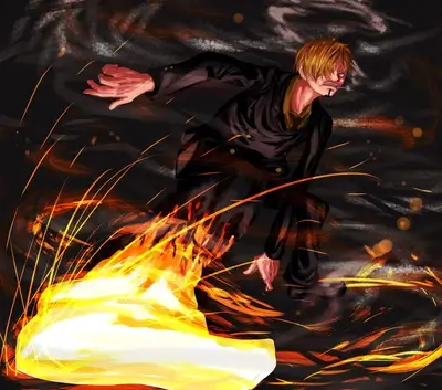 A blazing figure, intense motion, dark background
