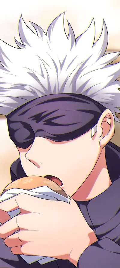 A blindfolded young man eats a burger